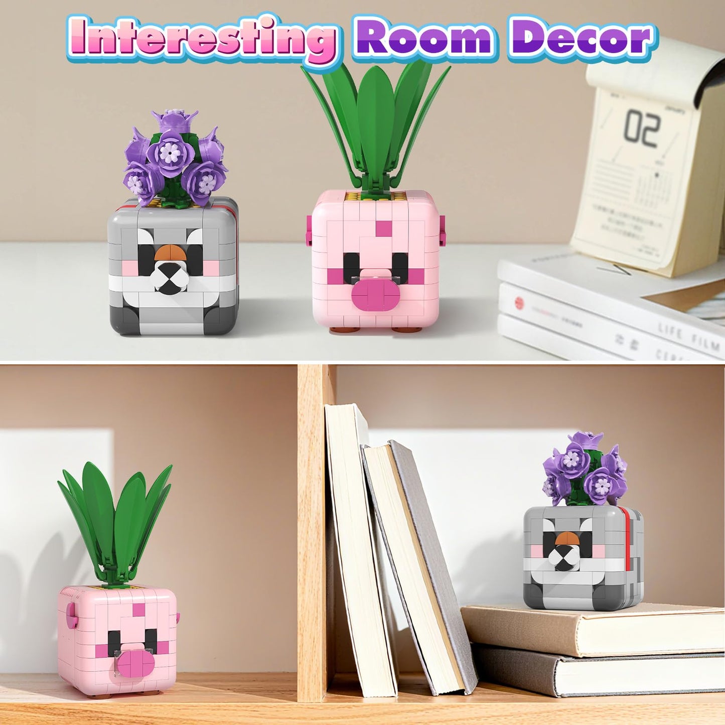LGMCFTOY Botanicals: Flower & Animal Building Blocks (Pink Pig + Gray Wolf)
