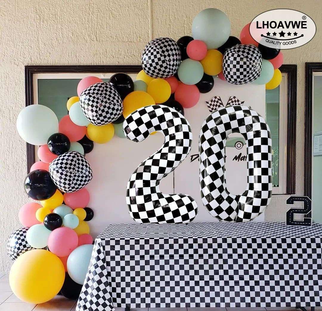 LHOAVWE Checkered Number 3 Balloon – 40-Inch Giant Race Car Foil Balloon for Parties