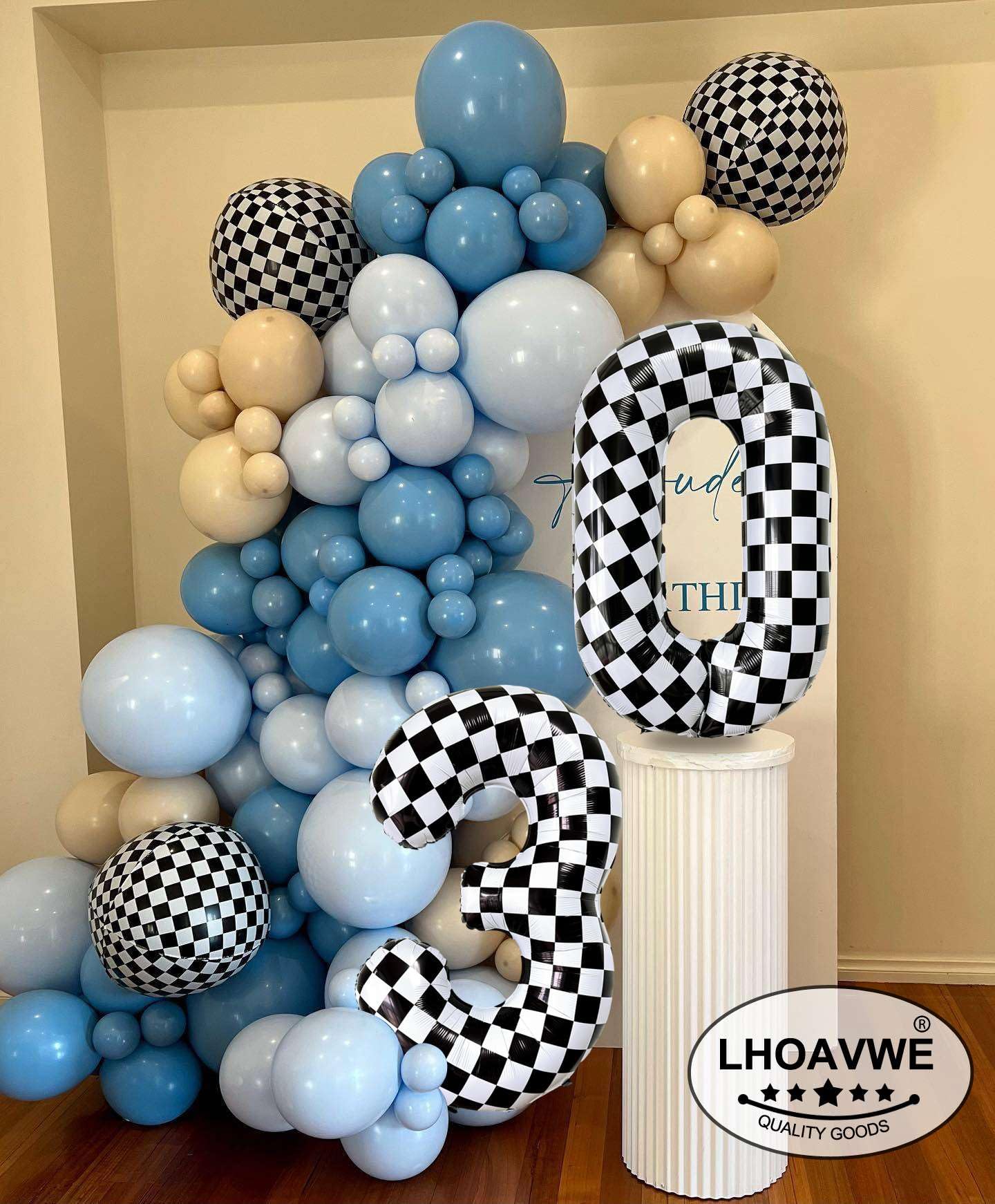 LHOAVWE Checkered Number 3 Balloon – 40-Inch Giant Race Car Foil Balloon for Parties