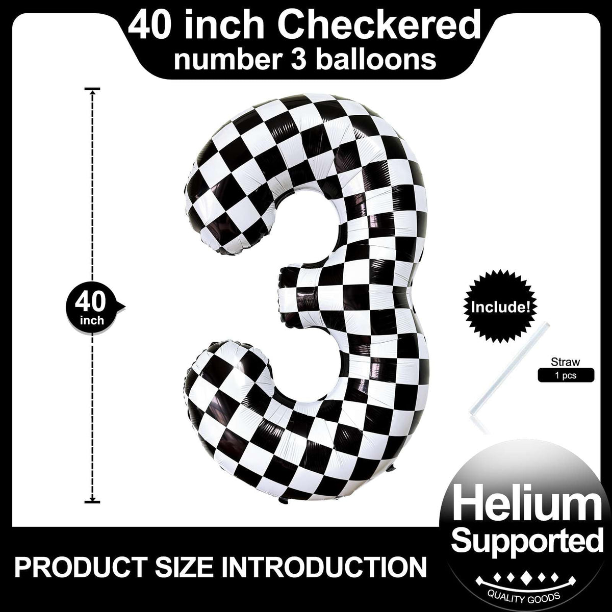 LHOAVWE Checkered Number 3 Balloon – 40-Inch Giant Race Car Foil Balloon for Parties