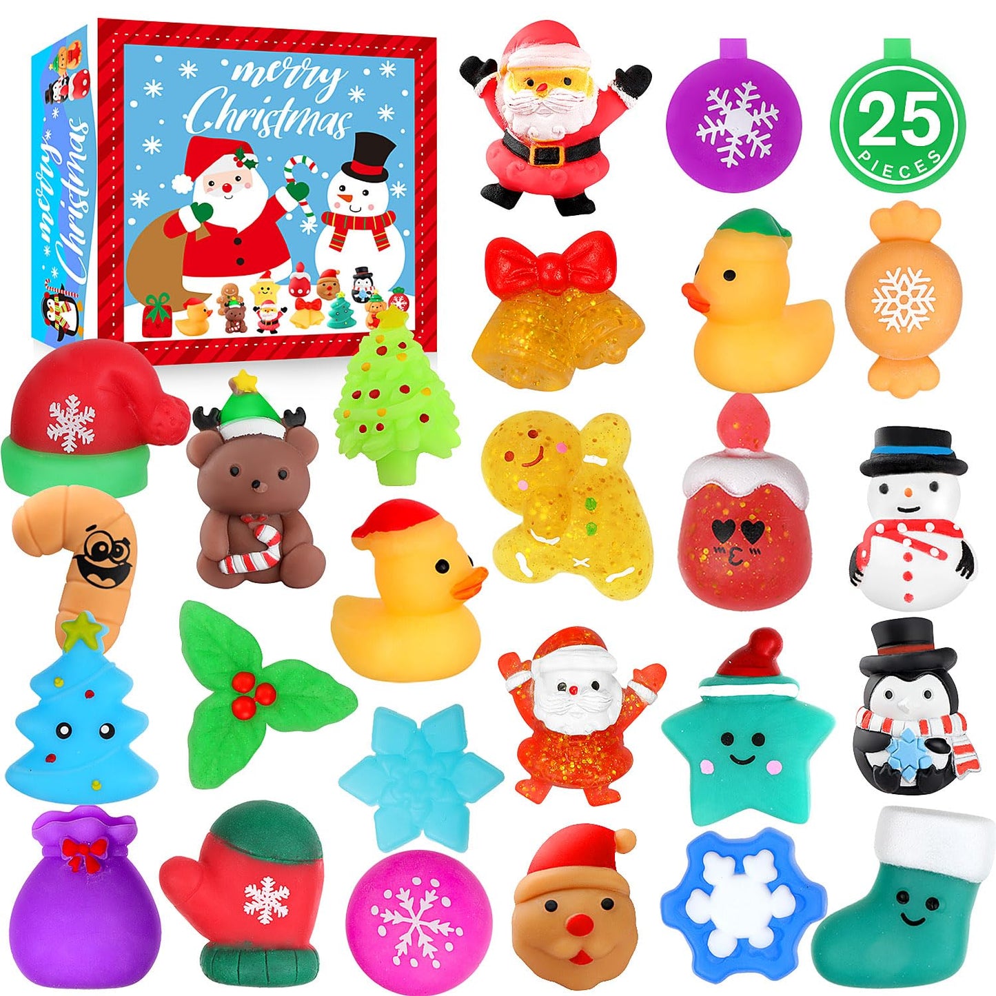 LIAM&AVA Christmas Mochi Squishies 25-Pack – Colorful Fidget Toys for Kids, Party Favors & Stocking Stuffers