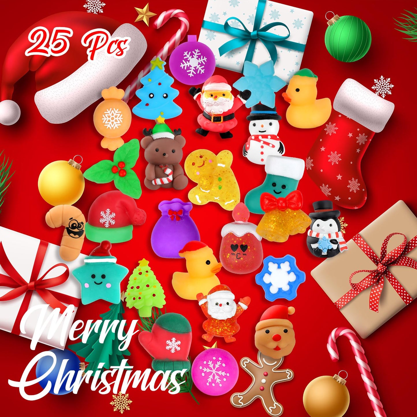 LIAM&AVA Christmas Mochi Squishies 25-Pack – Colorful Fidget Toys for Kids, Party Favors & Stocking Stuffers