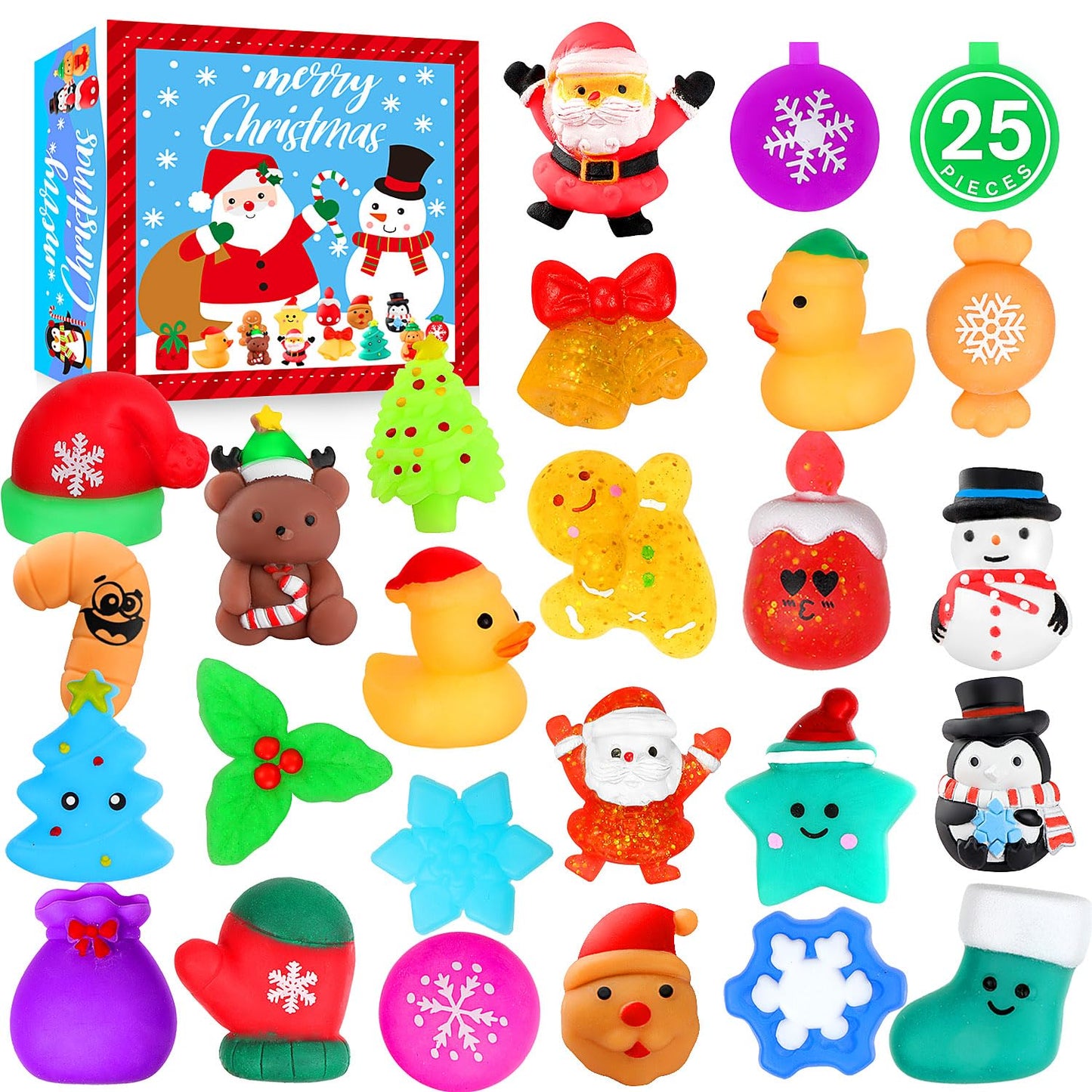 LIAM&AVA Christmas Mochi Squishies 25-Pack – Colorful Fidget Toys for Kids, Party Favors & Stocking Stuffers