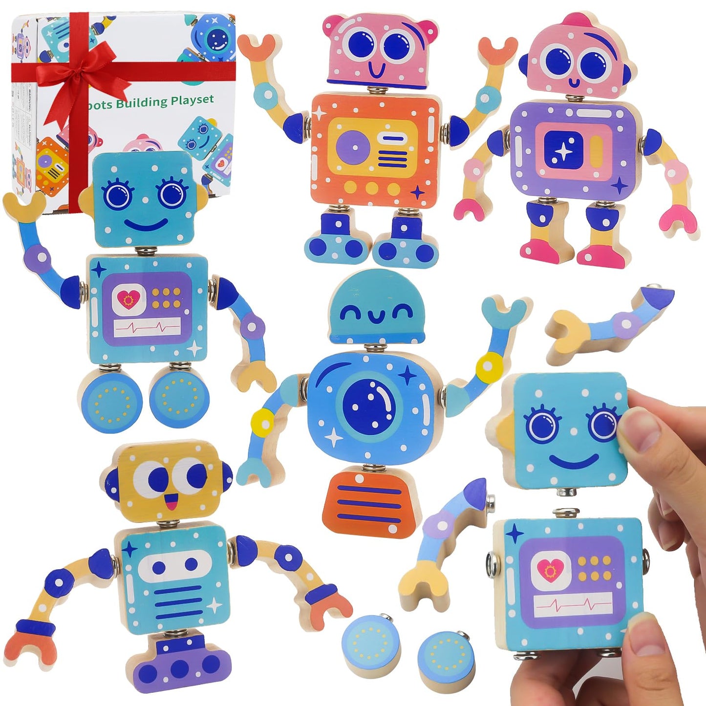 Liangding Robots Wooden Snap-Together Building Toys – 28-Piece STEM Montessori Blocks for Toddlers 3–6 | Safe, Durable, Creative Gift
