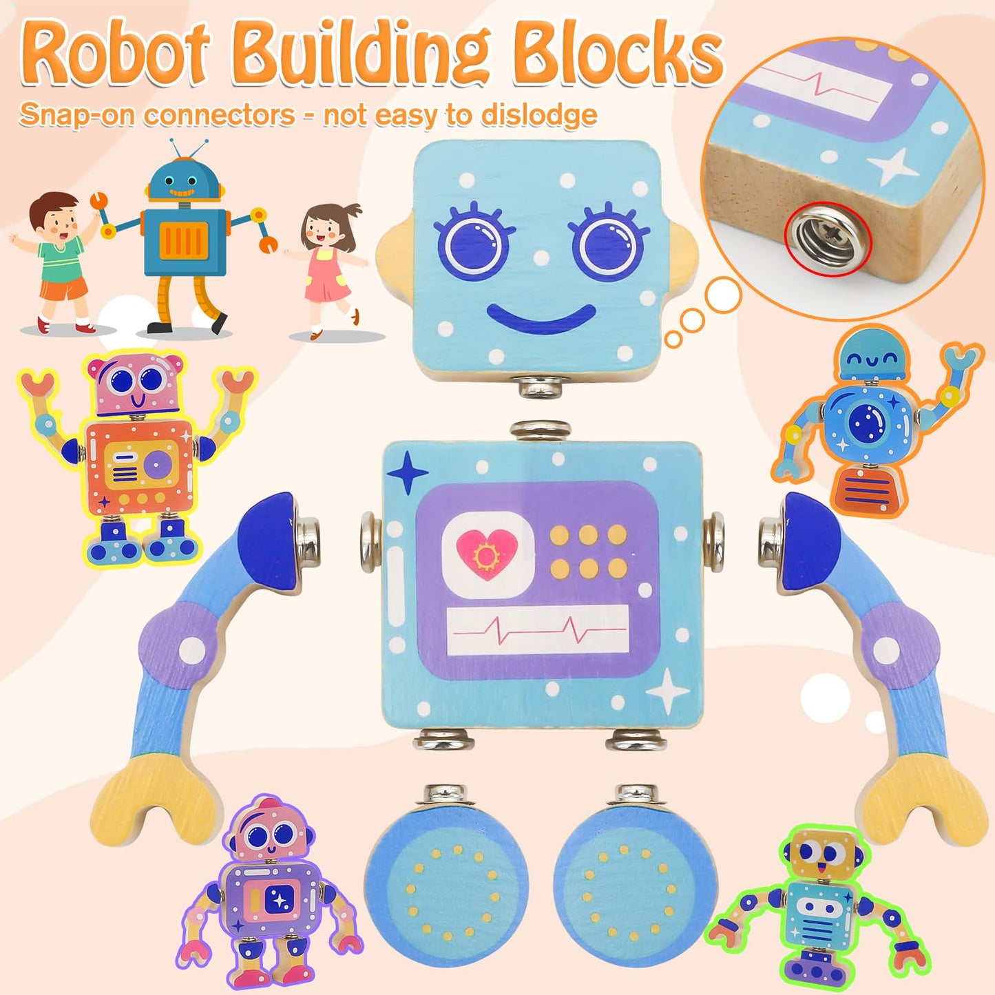 Liangding Robots Wooden Snap-Together Building Toys – 28-Piece STEM Montessori Blocks for Toddlers 3–6 | Safe, Durable, Creative Gift