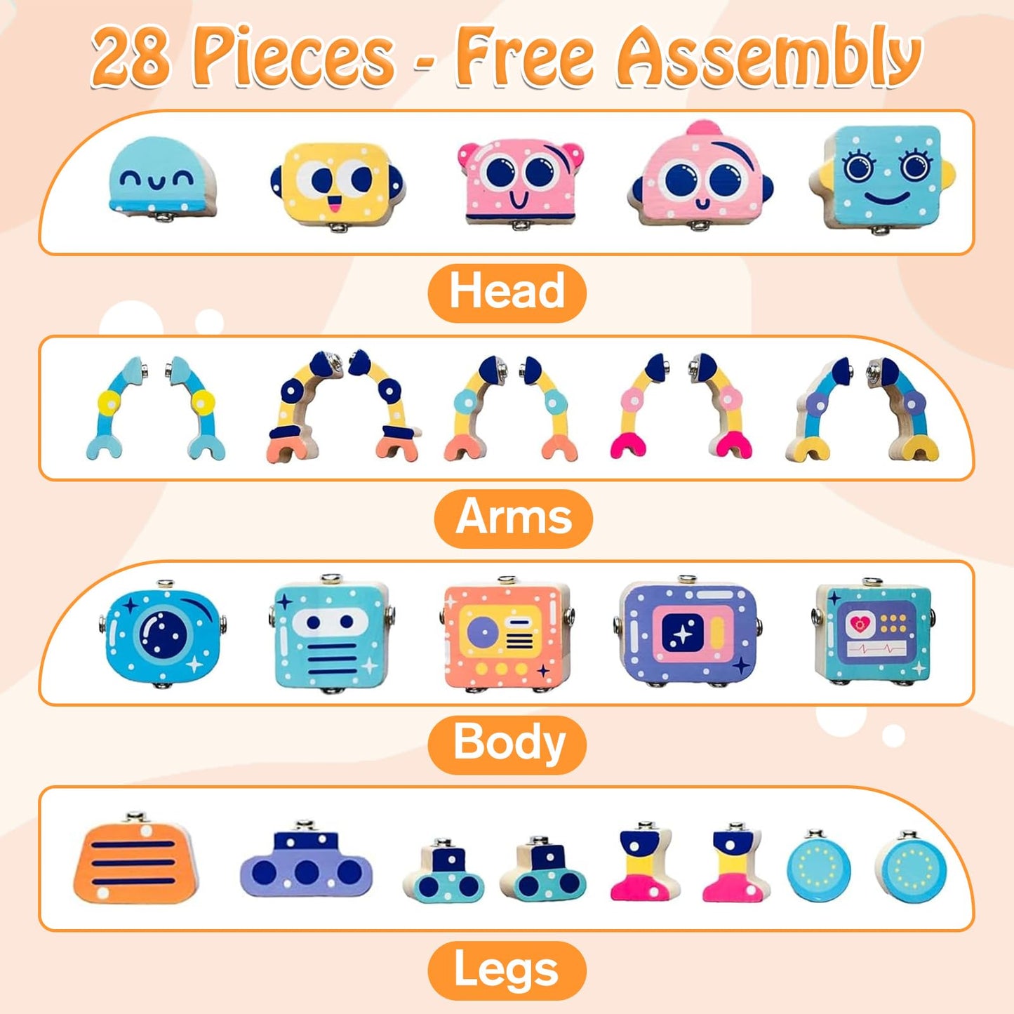 Liangding Robots Wooden Snap-Together Building Toys – 28-Piece STEM Montessori Blocks for Toddlers 3–6 | Safe, Durable, Creative Gift