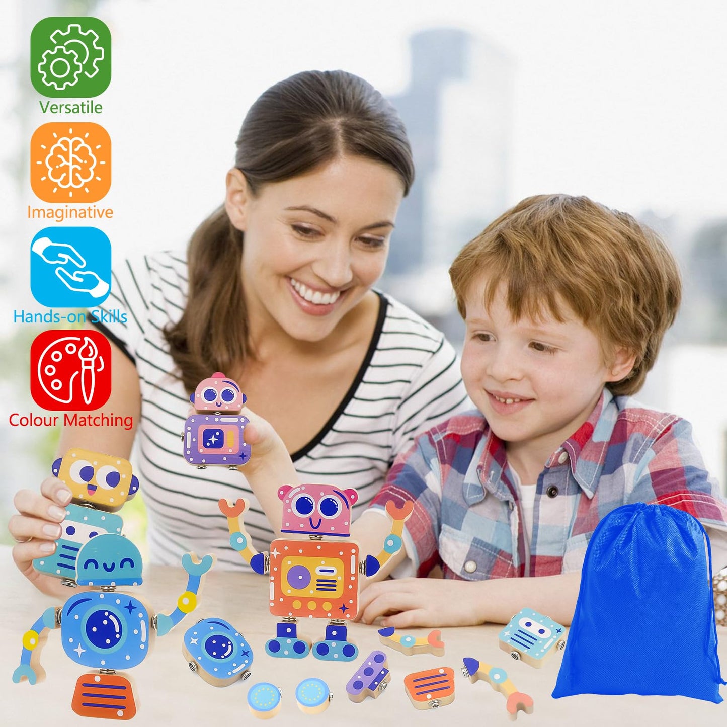 Liangding Robots Wooden Snap-Together Building Toys – 28-Piece STEM Montessori Blocks for Toddlers 3–6 | Safe, Durable, Creative Gift