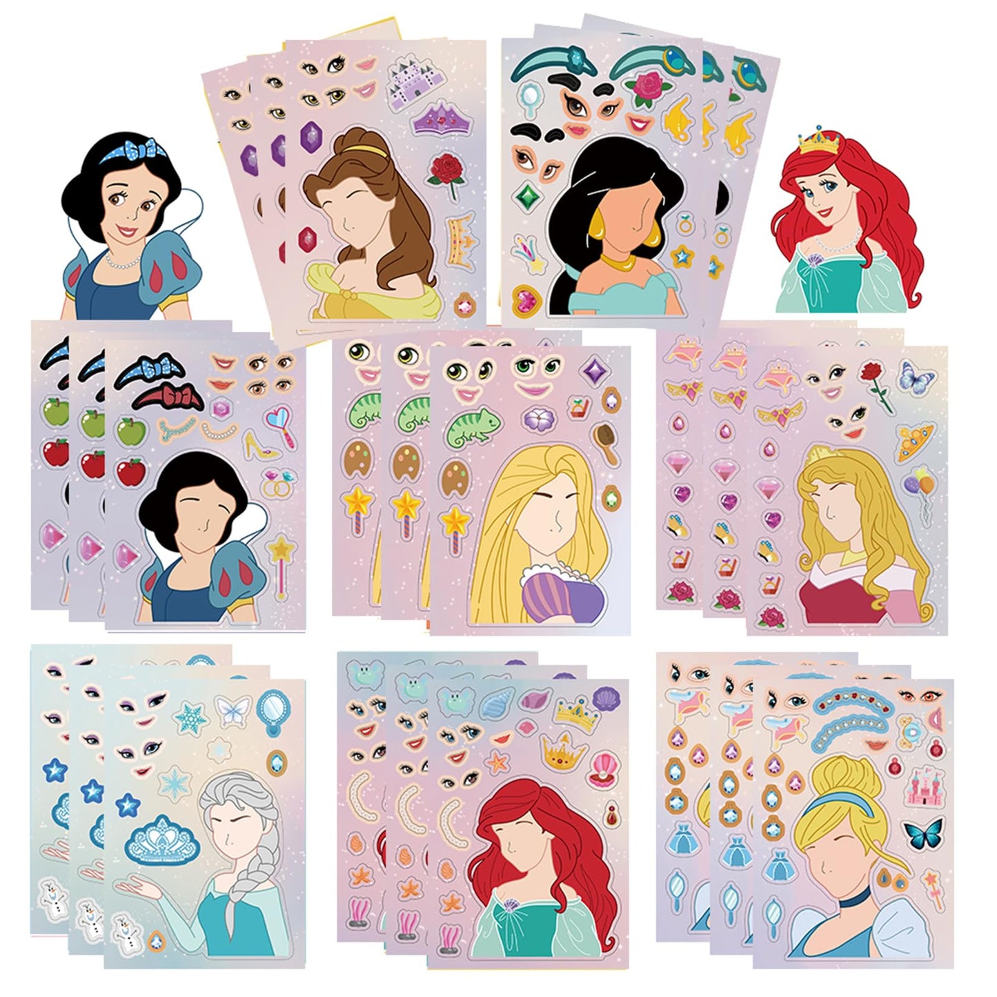 LIANKONG 24Sheets Princess Make-a-face Stickers Pack | 24 Sheets, 8 Patterns, Durable Vinyl