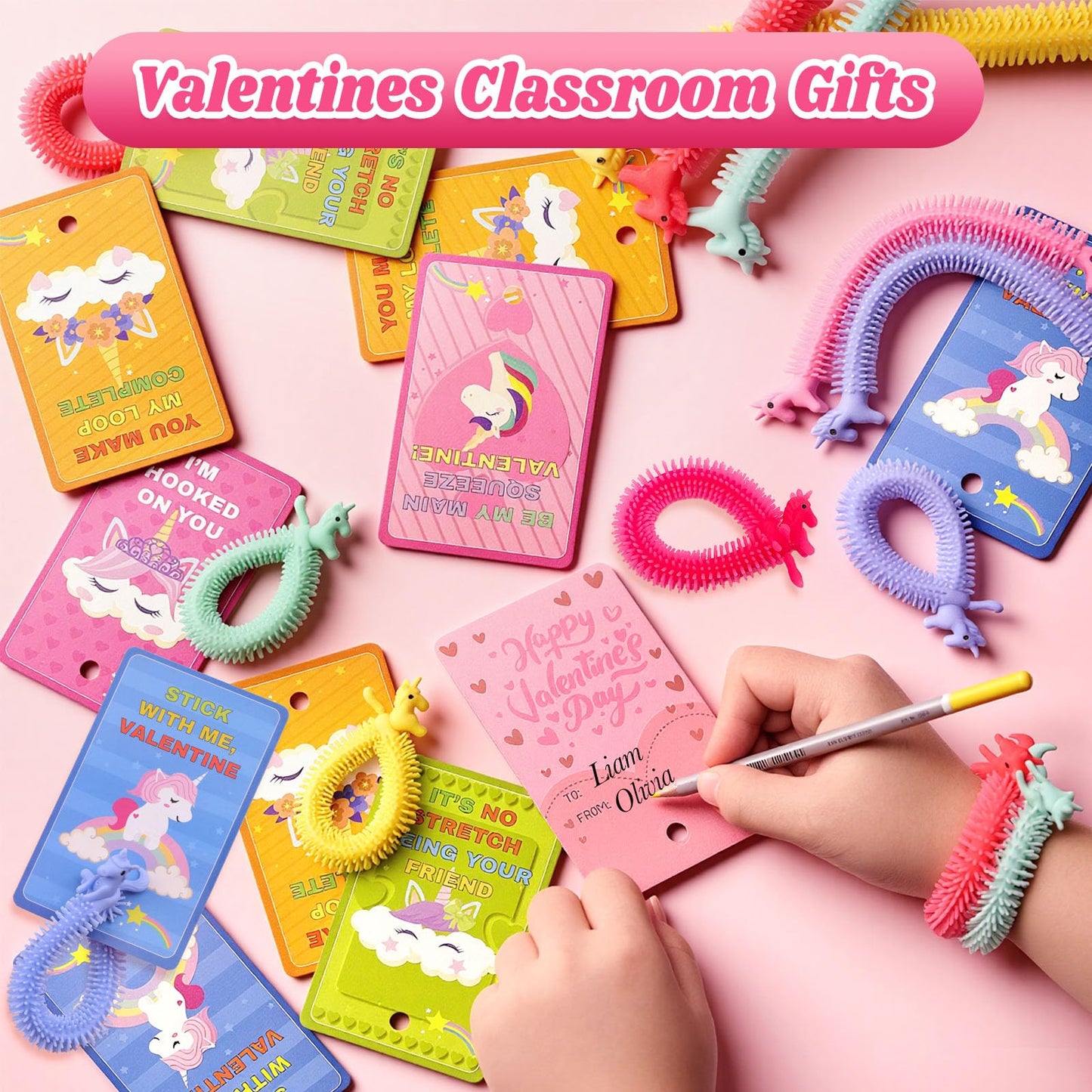 LIANORIST Valentines Day Cards for Kids — 25 Unicorn Stretchy String Fidget Toys