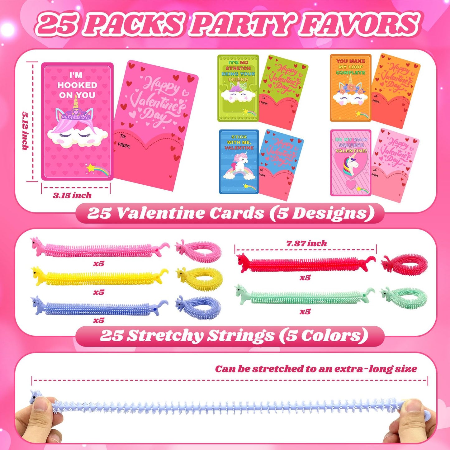 LIANORIST Valentines Day Cards for Kids — 25 Unicorn Stretchy String Fidget Toys