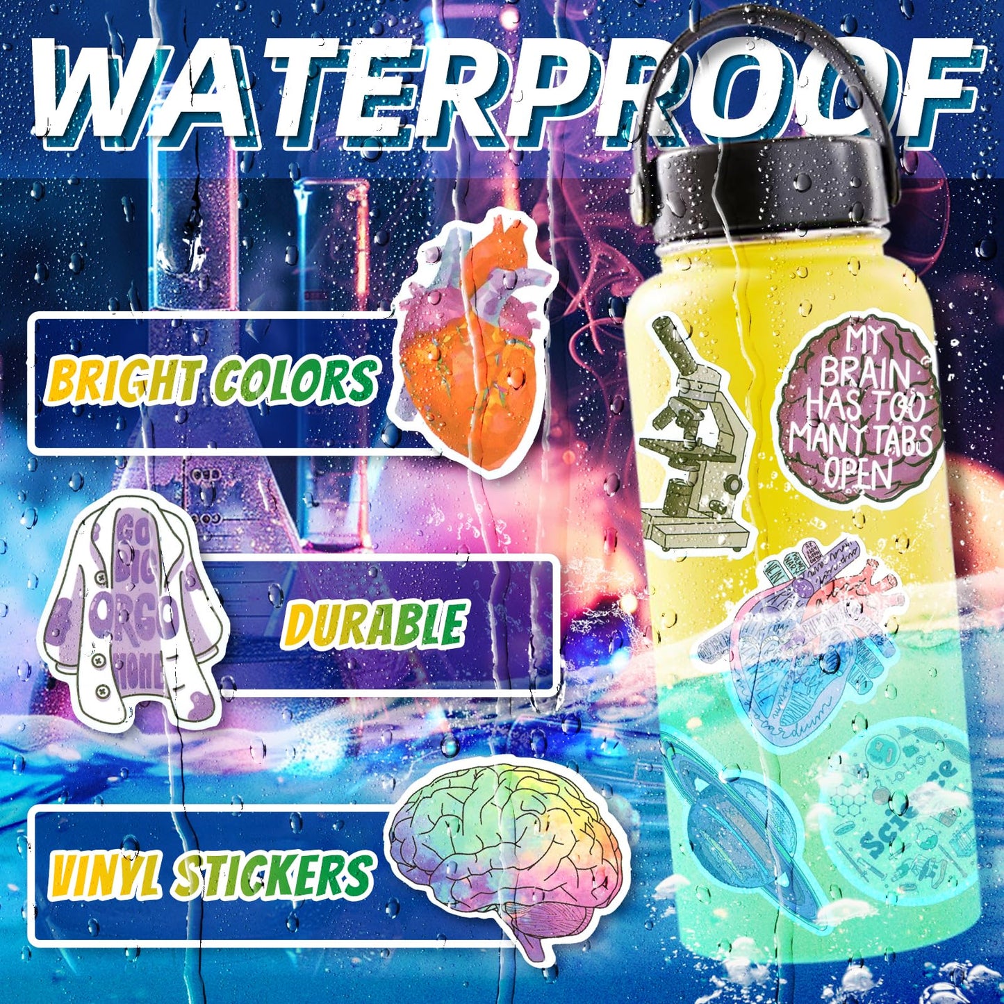 LIAOWL 100 PCS Science Stickers for Water Bottles – Waterproof Lab Stickers for Students & Teachers