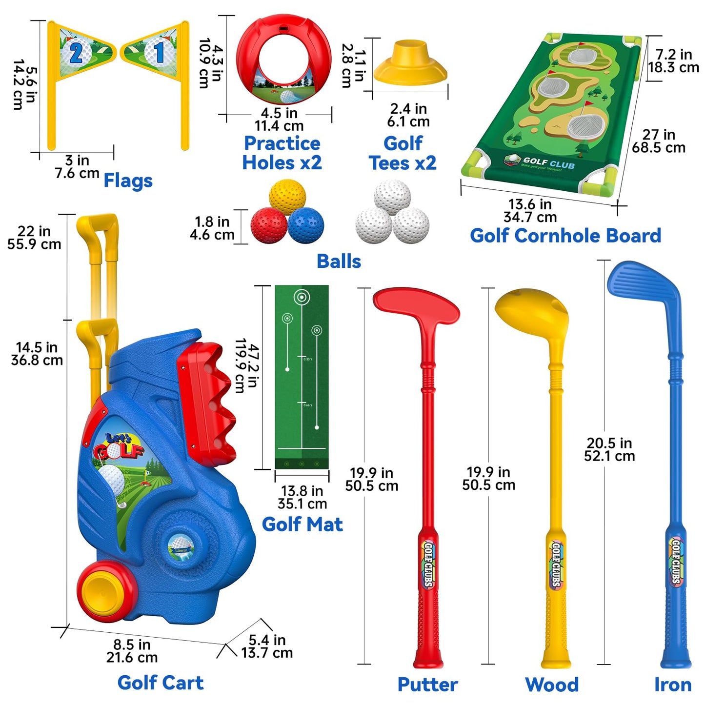 Liberry Toddler Golf Set for 2–5 Years Old | Indoor & Outdoor Cart, Mat & Cornhole Board