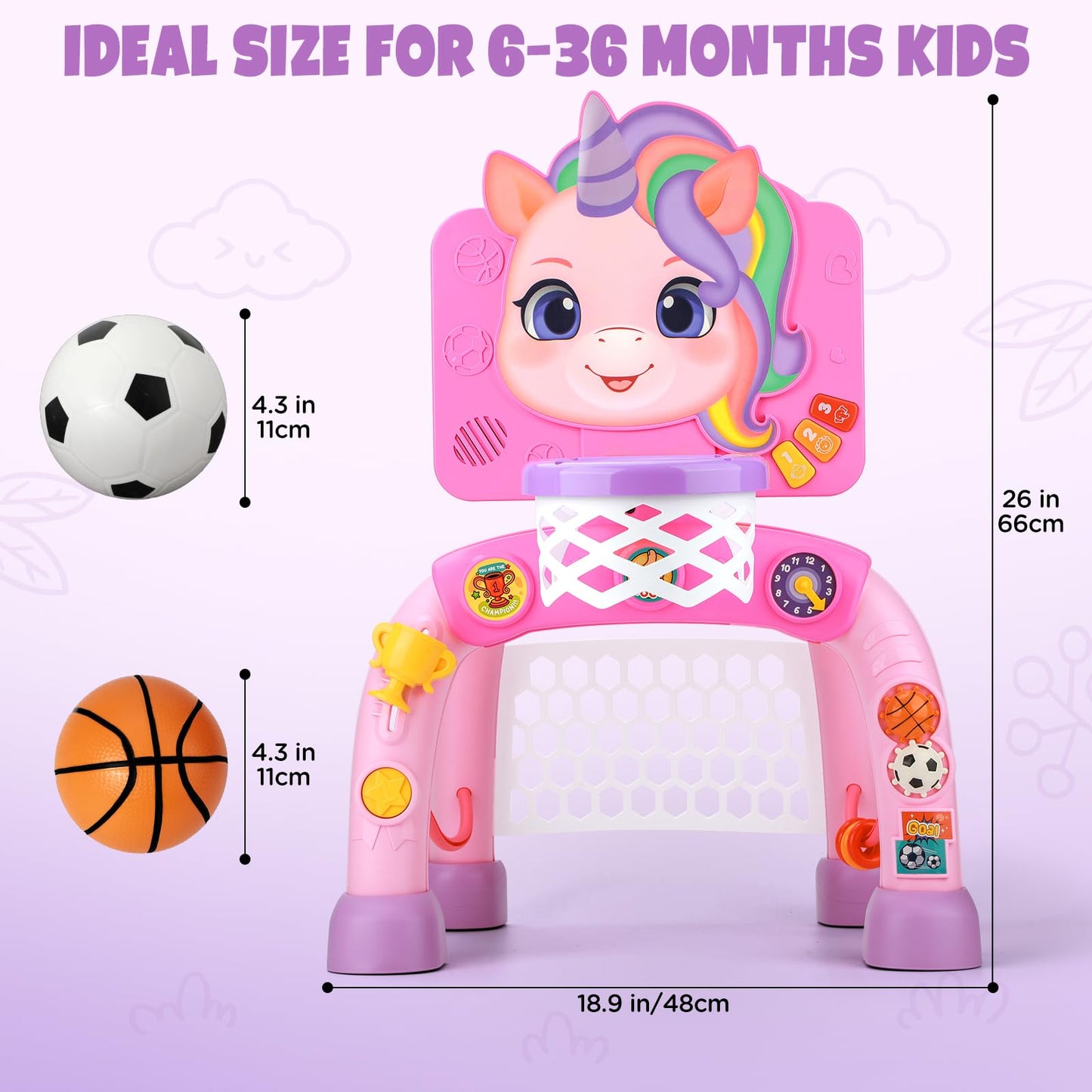 Liberry 2-in-1 Toddler Basketball Hoop & Soccer Goal – Lights & Sounds for 1-3 Year Olds (Pink)