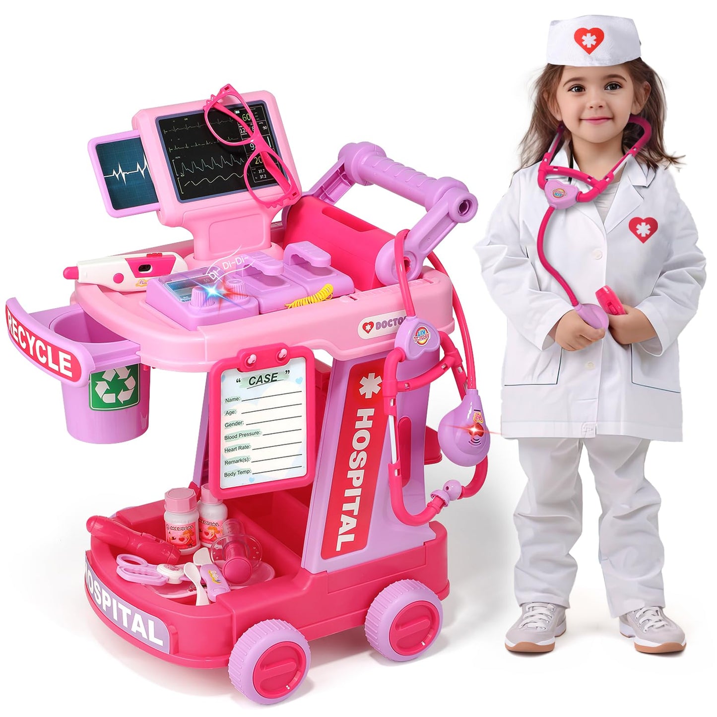 Liberry Doctor Kit for Toddlers 2-5 | Pretend Doctor Playset with Cart & Stethoscope (Pink)