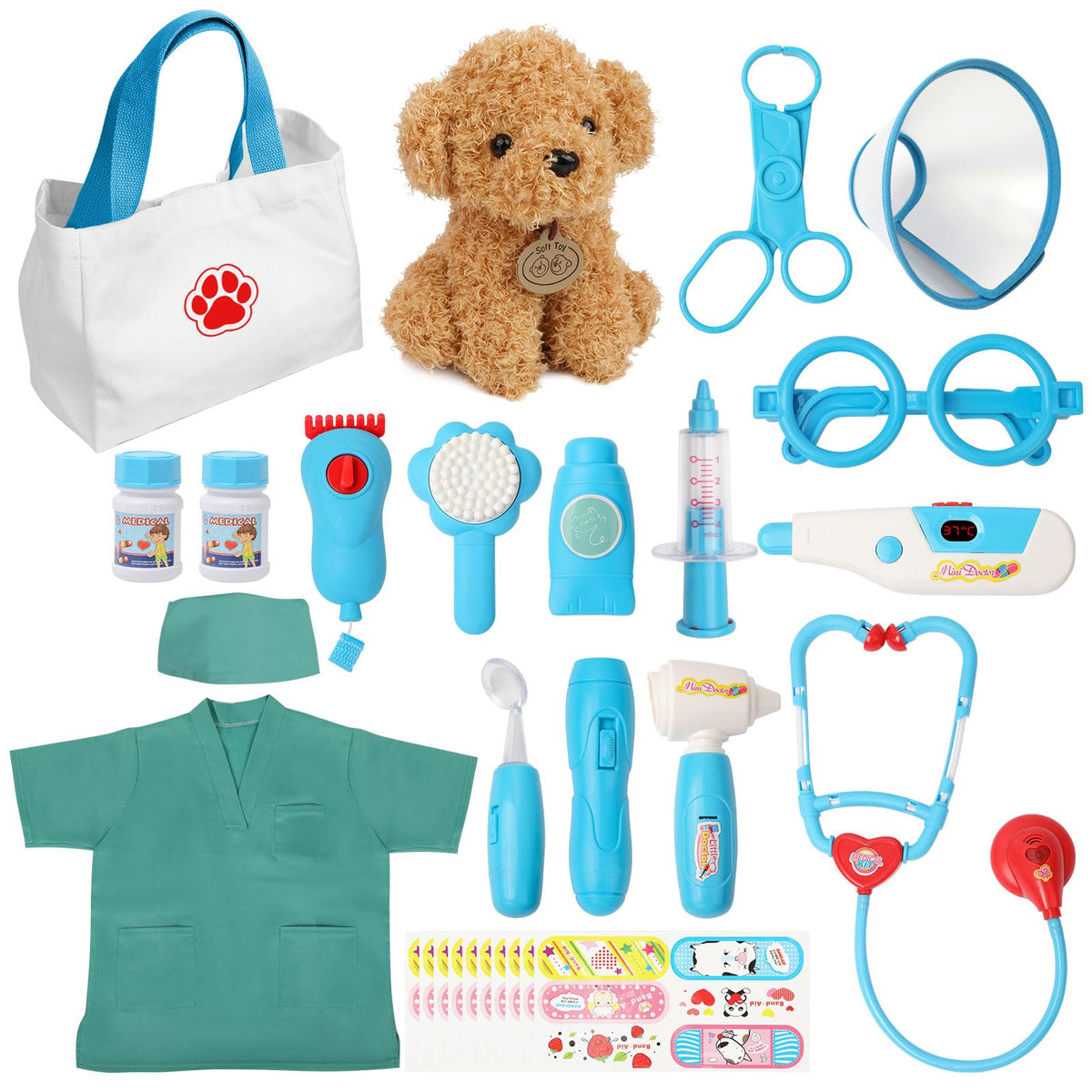 Liberry Doctor Kit for Toddlers – 28-Piece Playset with Stethoscope, Dress-Up & Dog Toy (Blue)