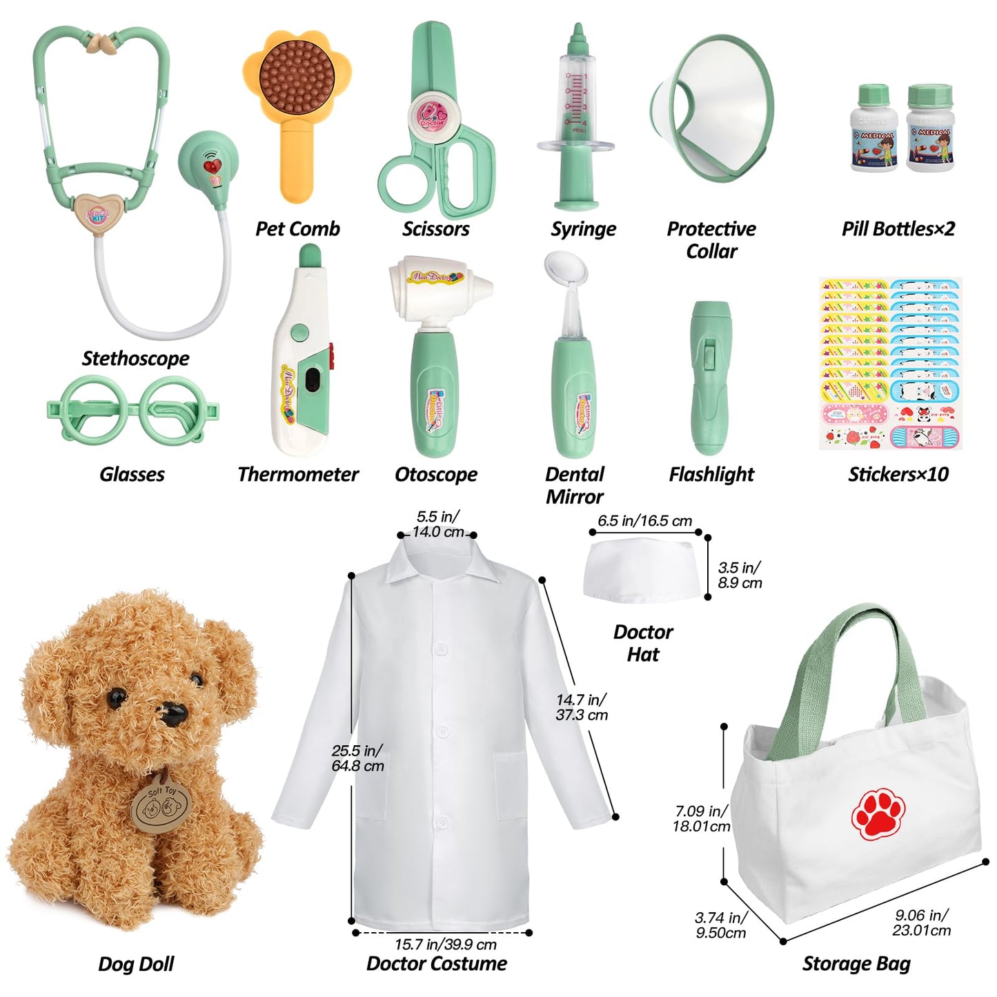 Liberry Doctor Kit for Toddlers (Green) - 26-Piece Vet Playset with Stethoscope & Dress-Up Costume