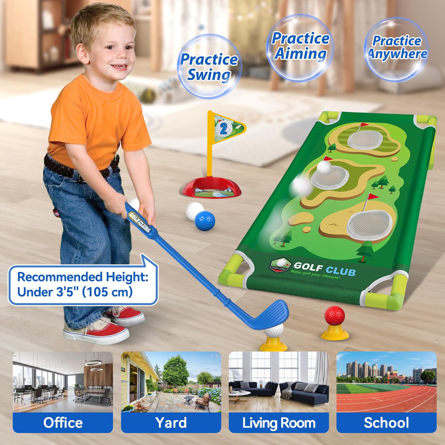 Liberry Toddler Golf Set for 2–5 Years Old | Indoor & Outdoor Cart, Mat & Cornhole Board