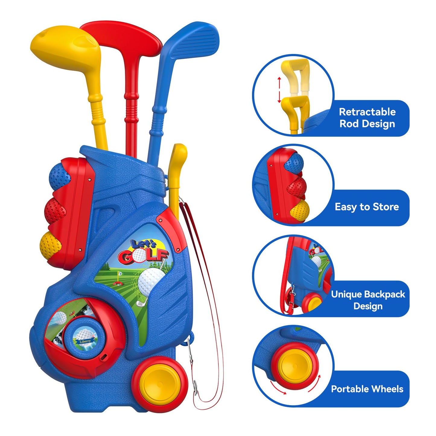 Liberry Toddler Golf Set for 2–5 Years Old | Indoor & Outdoor Cart, Mat & Cornhole Board