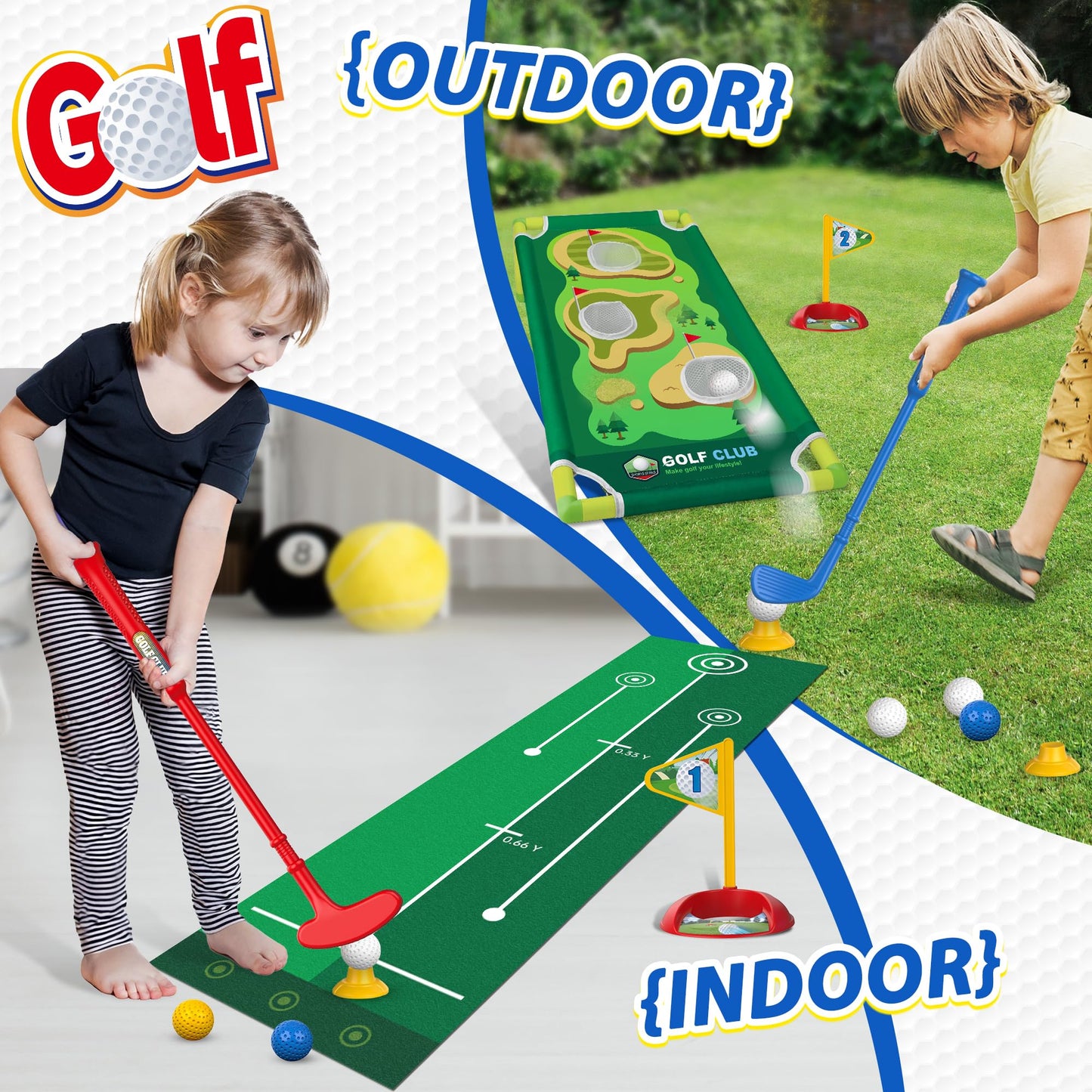 Liberry Toddler Golf Set for 2–5 Years Old | Indoor & Outdoor Cart, Mat & Cornhole Board