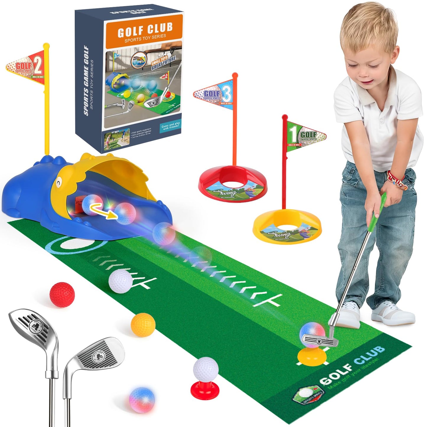 Liberry Kids Golf Set for 3-6 Years - Glow Balls, Auto Ball Returner, Putting Mat