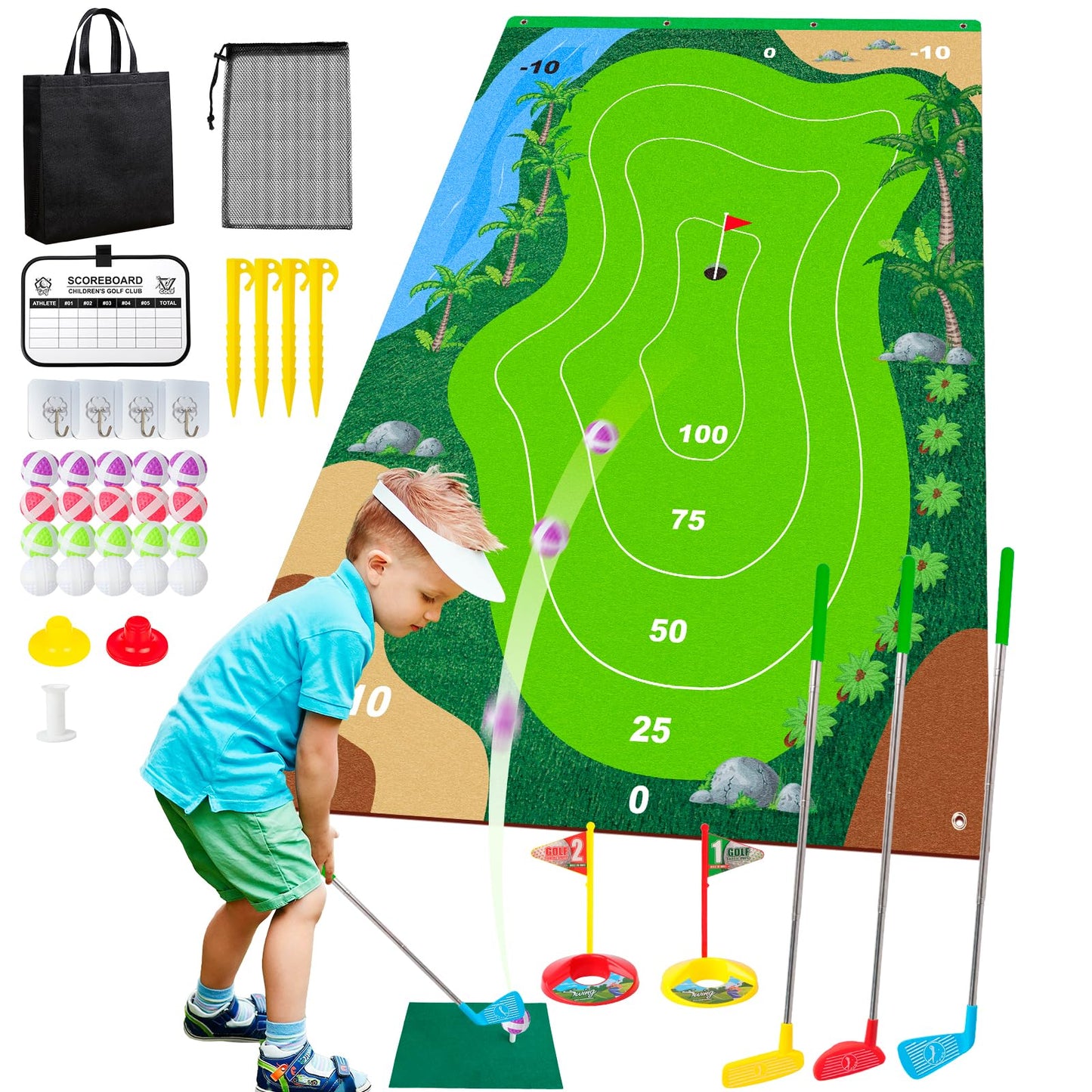 Liberry Kids Golf Set (Ages 3-7) | Indoor/Outdoor Chipping Game with Mat, Sticky Balls, Retractable Clubs
