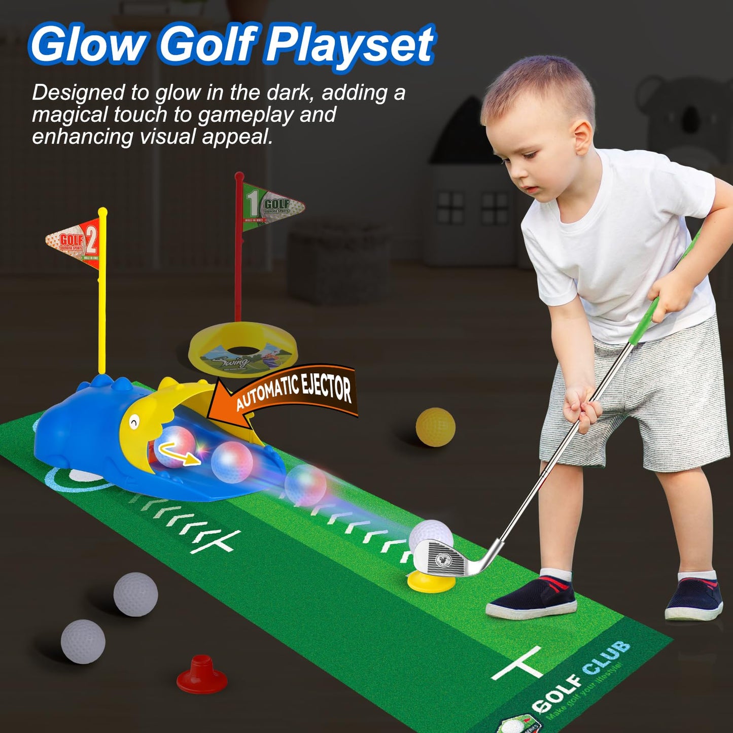 Liberry Kids Golf Set for 3-6 Years - Glow Balls, Auto Ball Returner, Putting Mat