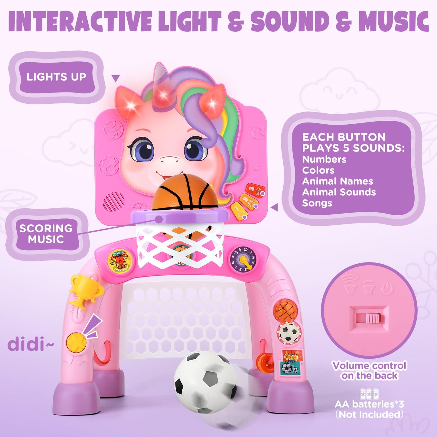 Liberry 2-in-1 Toddler Basketball Hoop & Soccer Goal – Lights & Sounds for 1-3 Year Olds (Pink)