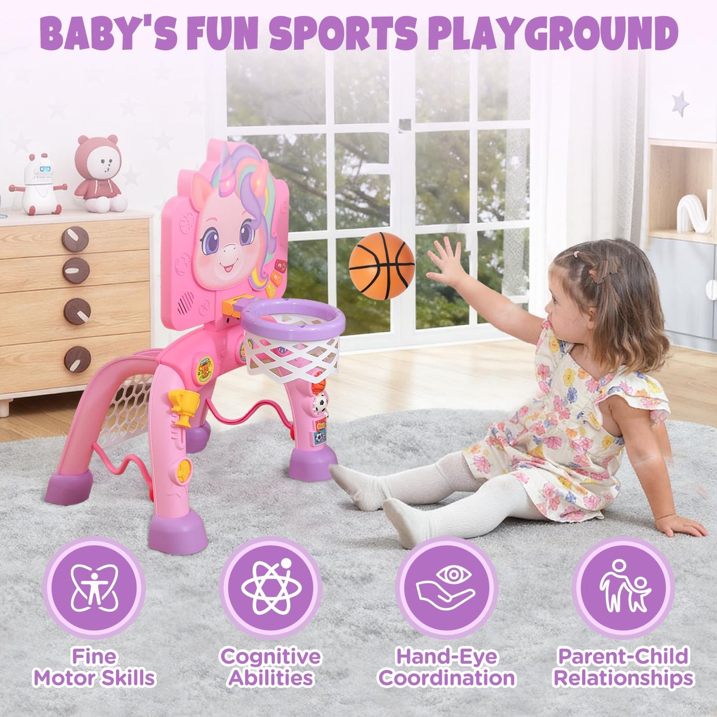 Liberry 2-in-1 Toddler Basketball Hoop & Soccer Goal – Lights & Sounds for 1-3 Year Olds (Pink)