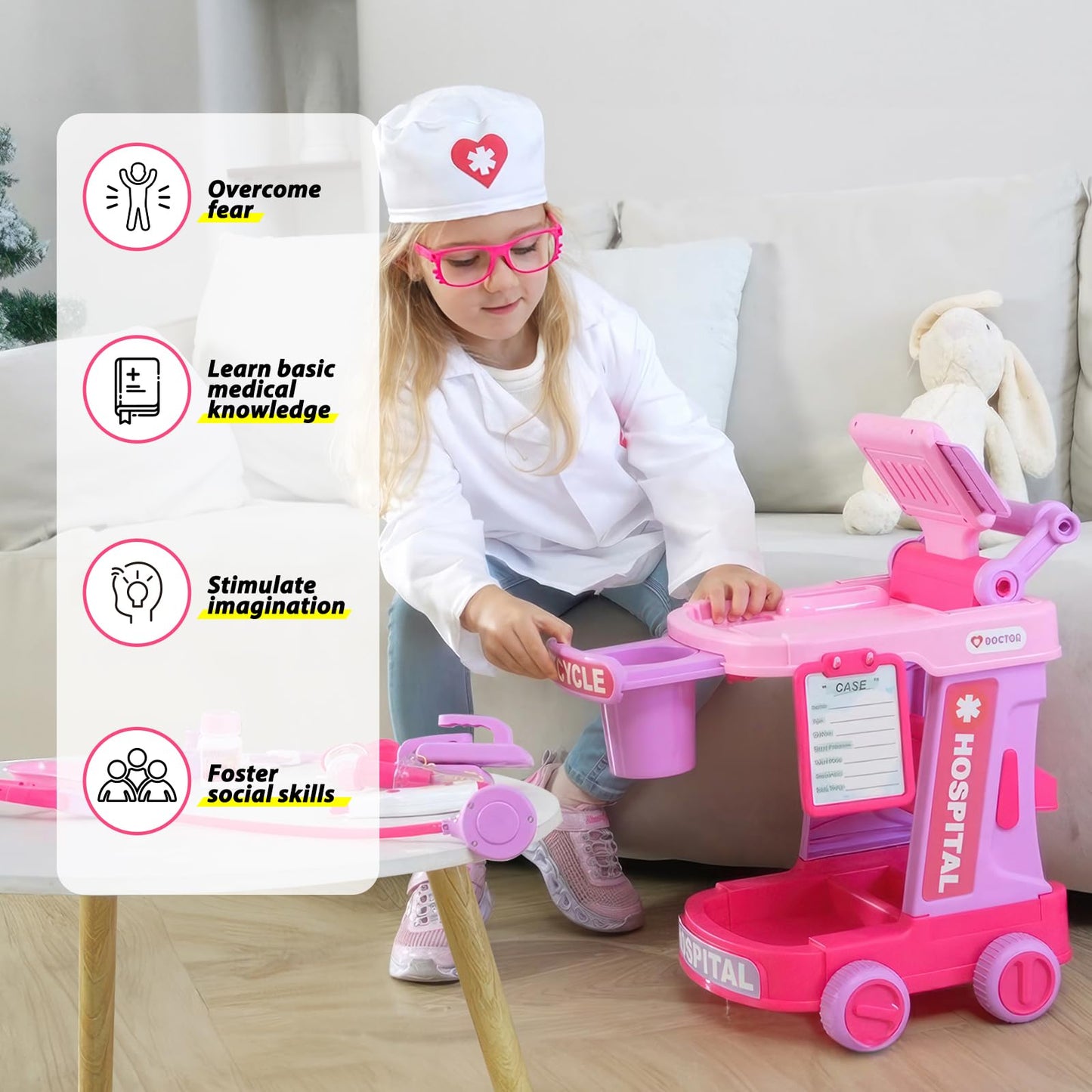 Liberry Doctor Kit for Toddlers 2-5 | Pretend Doctor Playset with Cart & Stethoscope (Pink)
