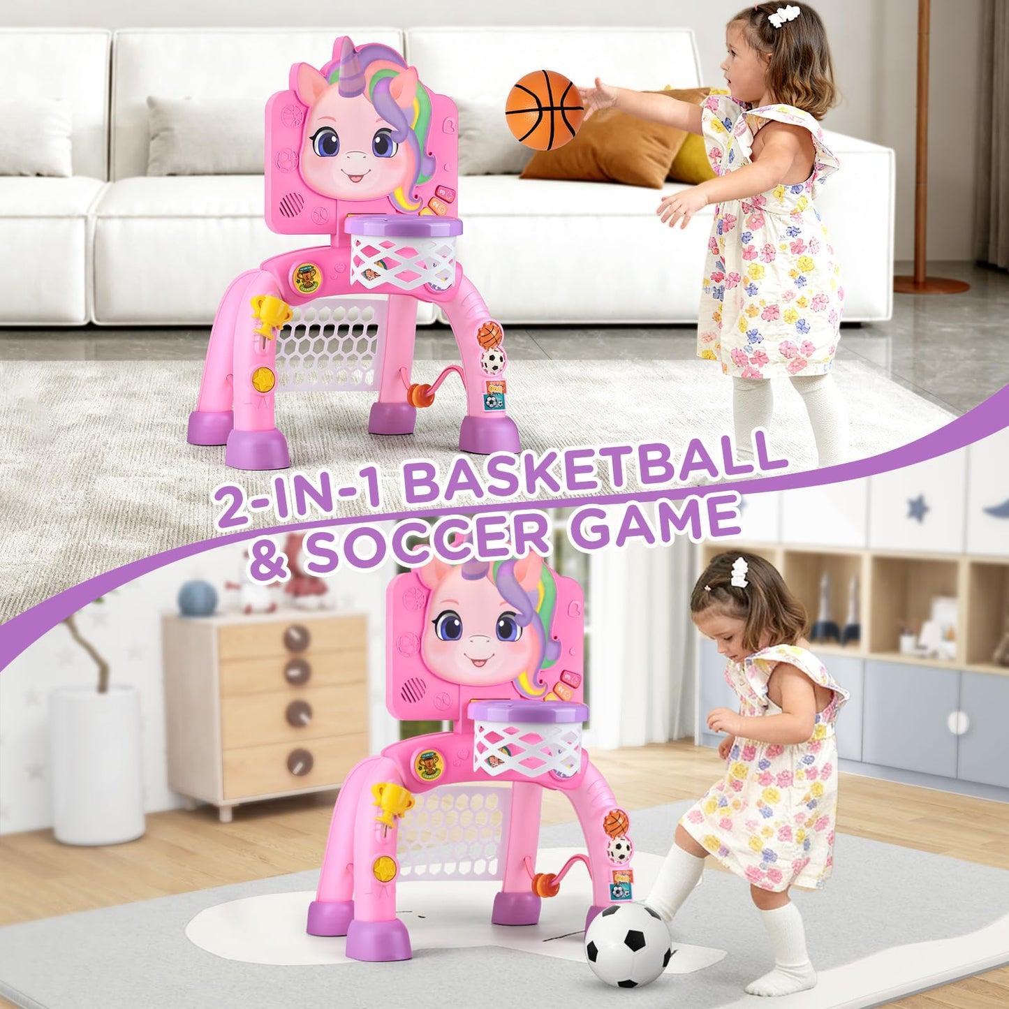 Liberry 2-in-1 Toddler Basketball Hoop & Soccer Goal – Lights & Sounds for 1-3 Year Olds (Pink)