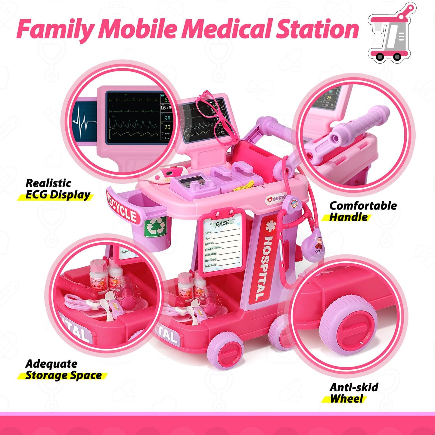 Liberry Doctor Kit for Toddlers 2-5 | Pretend Doctor Playset with Cart & Stethoscope (Pink)