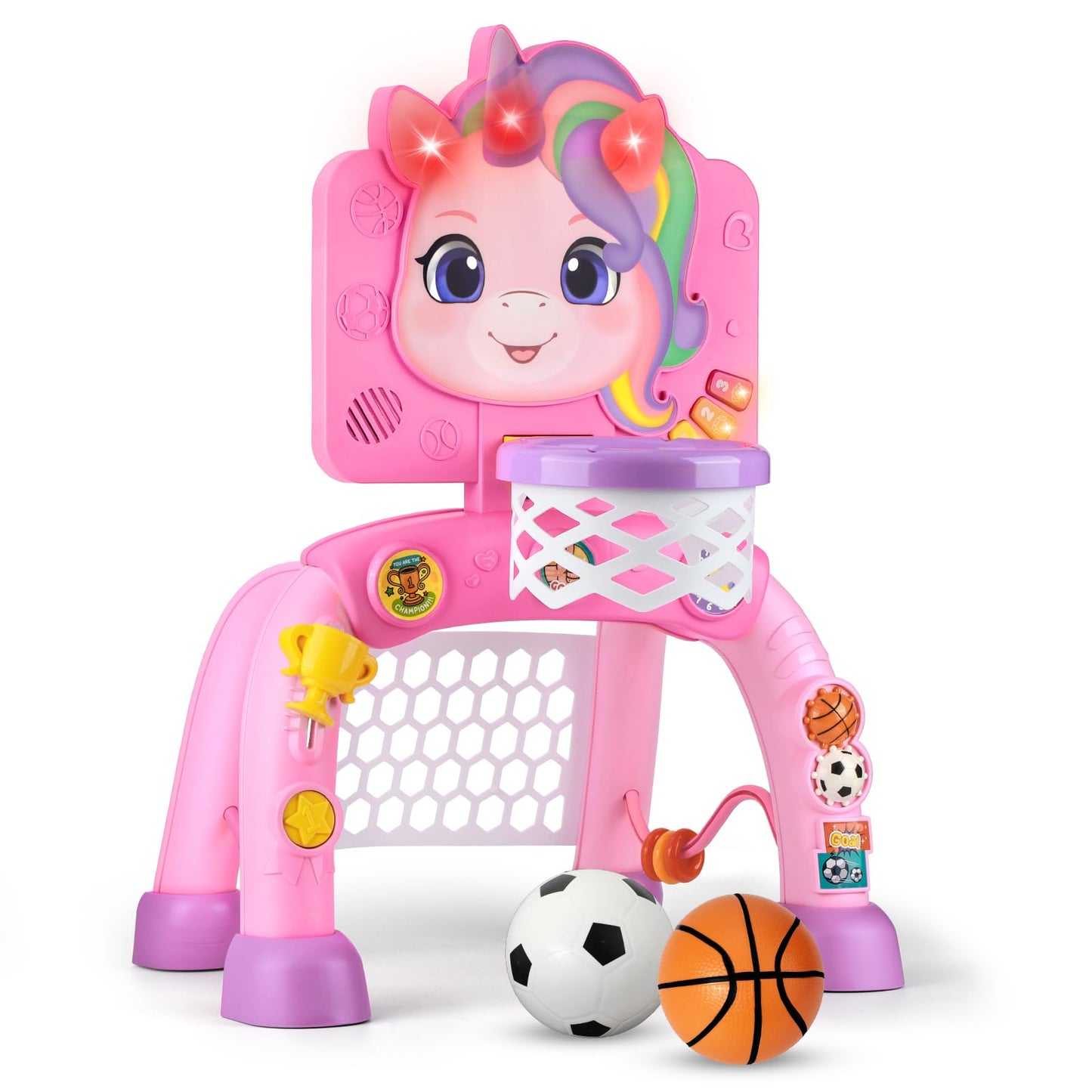 Liberry 2-in-1 Toddler Basketball Hoop & Soccer Goal – Lights & Sounds for 1-3 Year Olds (Pink)