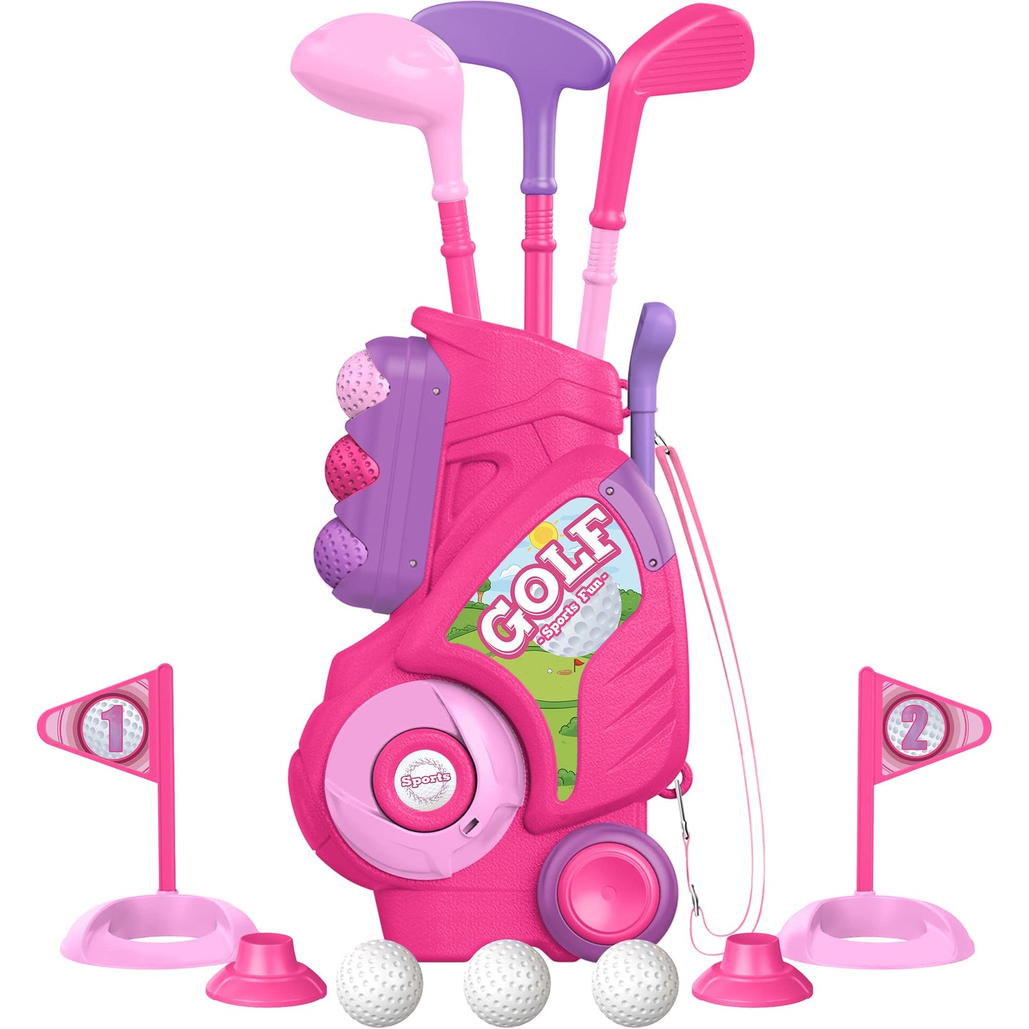 Liberry Toddler Golf Set Ages 1-4 | Upgraded Cart with Shoulder Strap - Indoor/Outdoor Pink