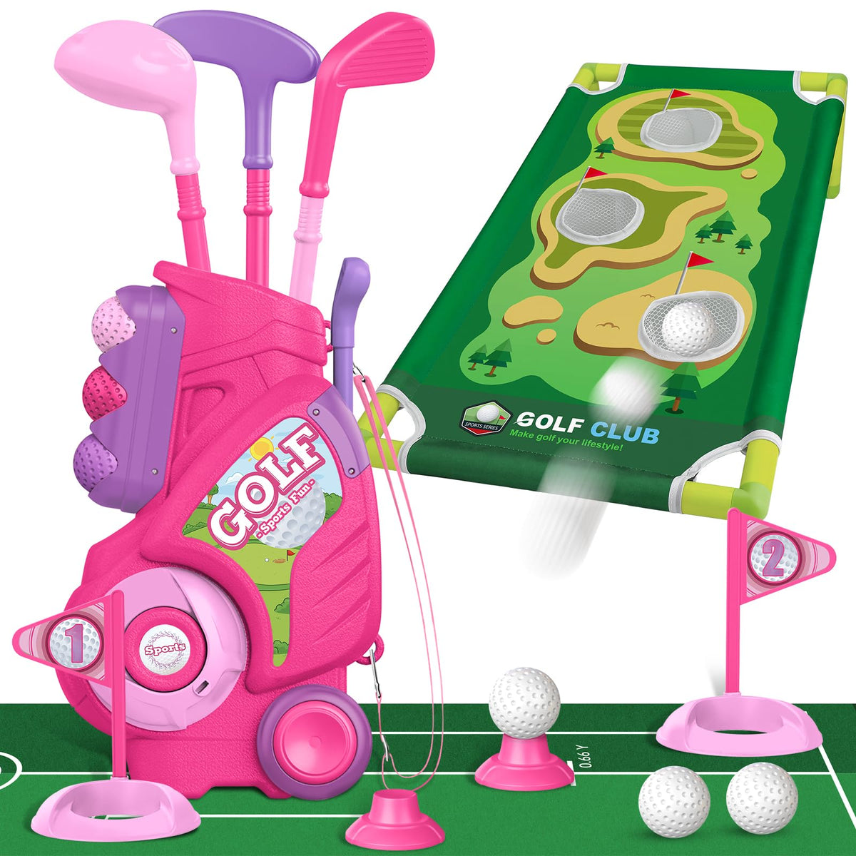 Liberry Toddler Golf Set for Ages 2–4 | Indoor/Outdoor Cart, Mat & Cornhole