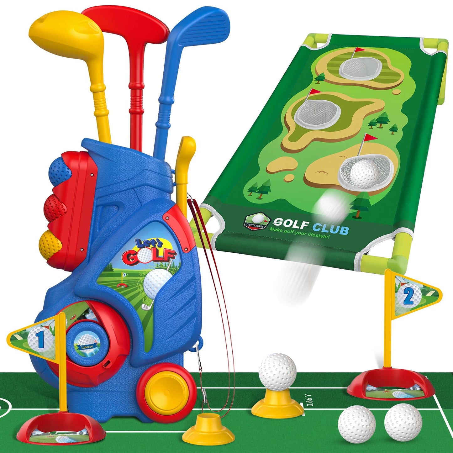 Liberry Toddler Golf Set for 2–5 Years Old | Indoor & Outdoor Cart, Mat & Cornhole Board