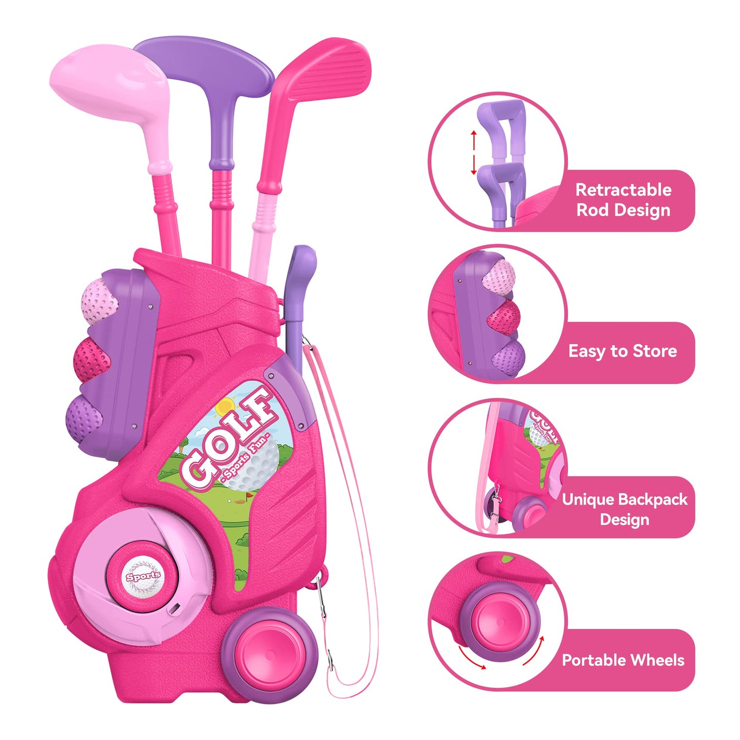 Liberry Toddler Golf Set Ages 1-4 | Upgraded Cart with Shoulder Strap - Indoor/Outdoor Pink