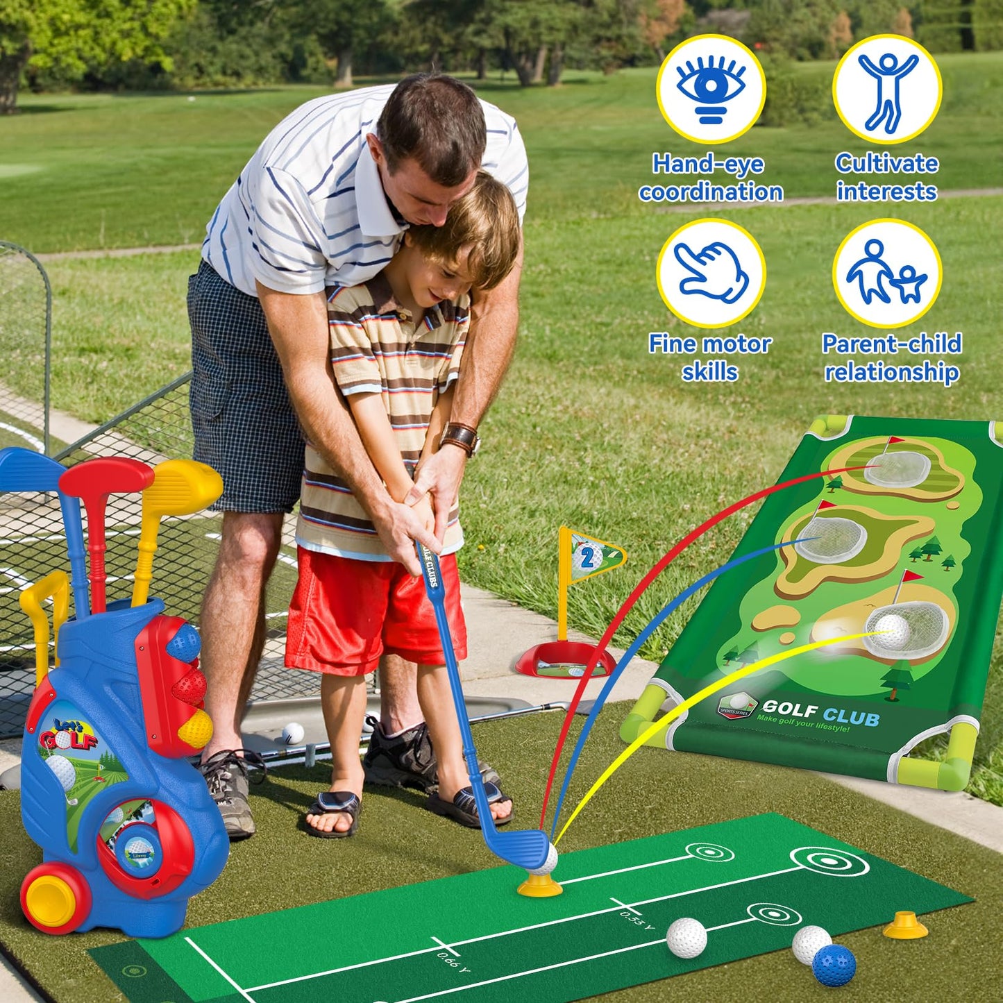 Liberry Toddler Golf Set for 2–5 Years Old | Indoor & Outdoor Cart, Mat & Cornhole Board