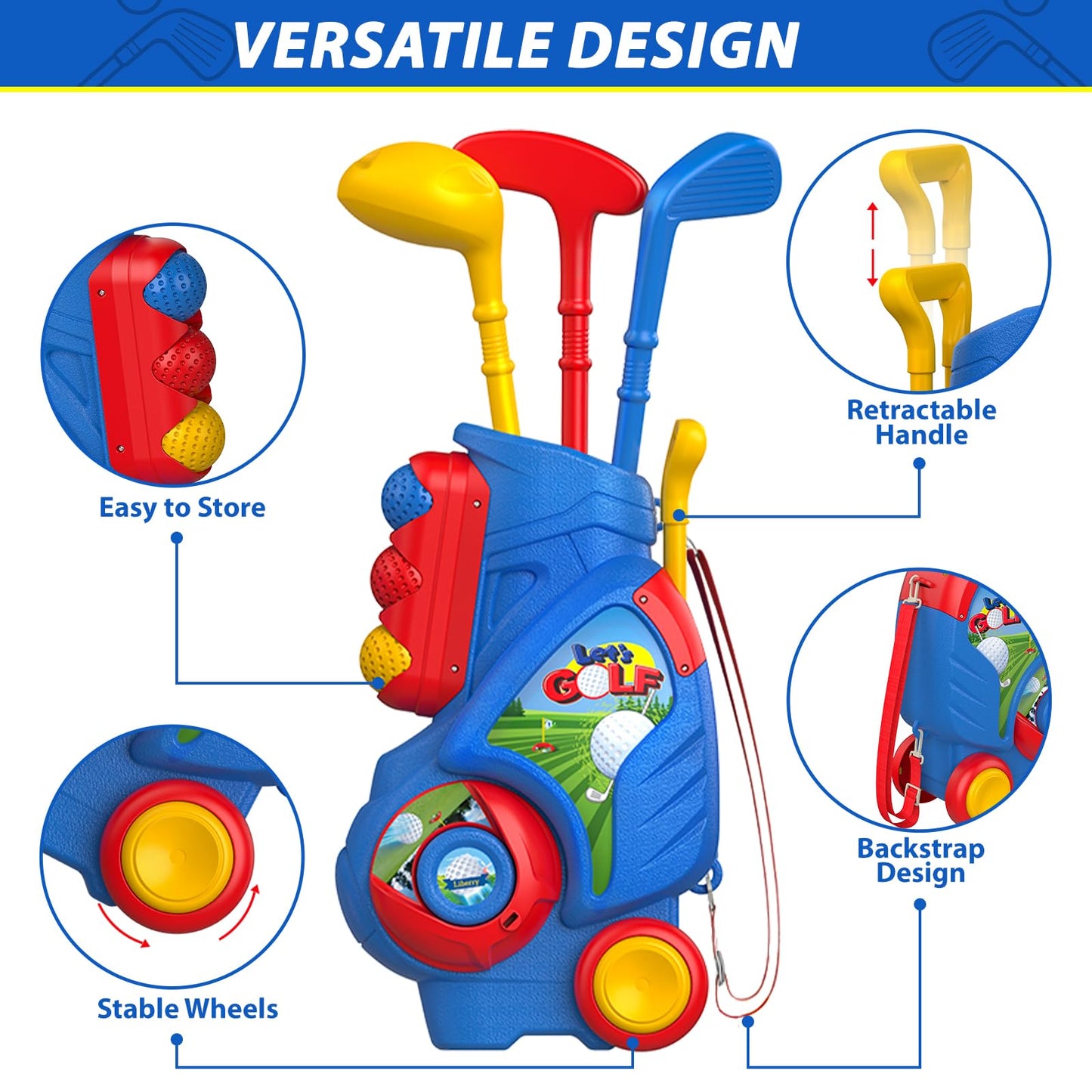 Liberry Toddler Golf Set for 2–4 Years Old – Cart, Putting Mat, Indoor/Outdoor Toy (Blue)