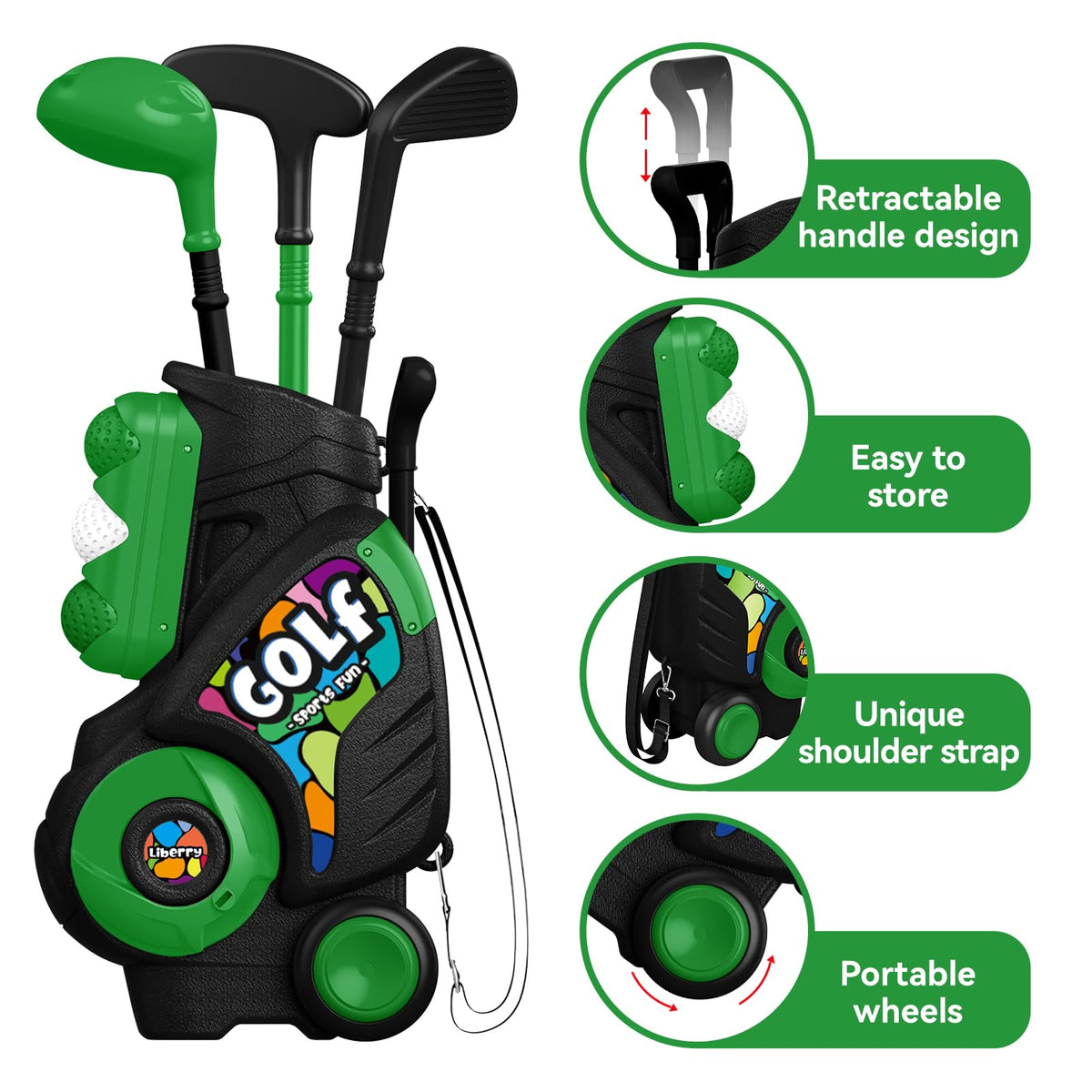 Liberry Toddler Golf Set (Black) for Ages 2-4 | Cart, Putting Mat & Cornhole Board