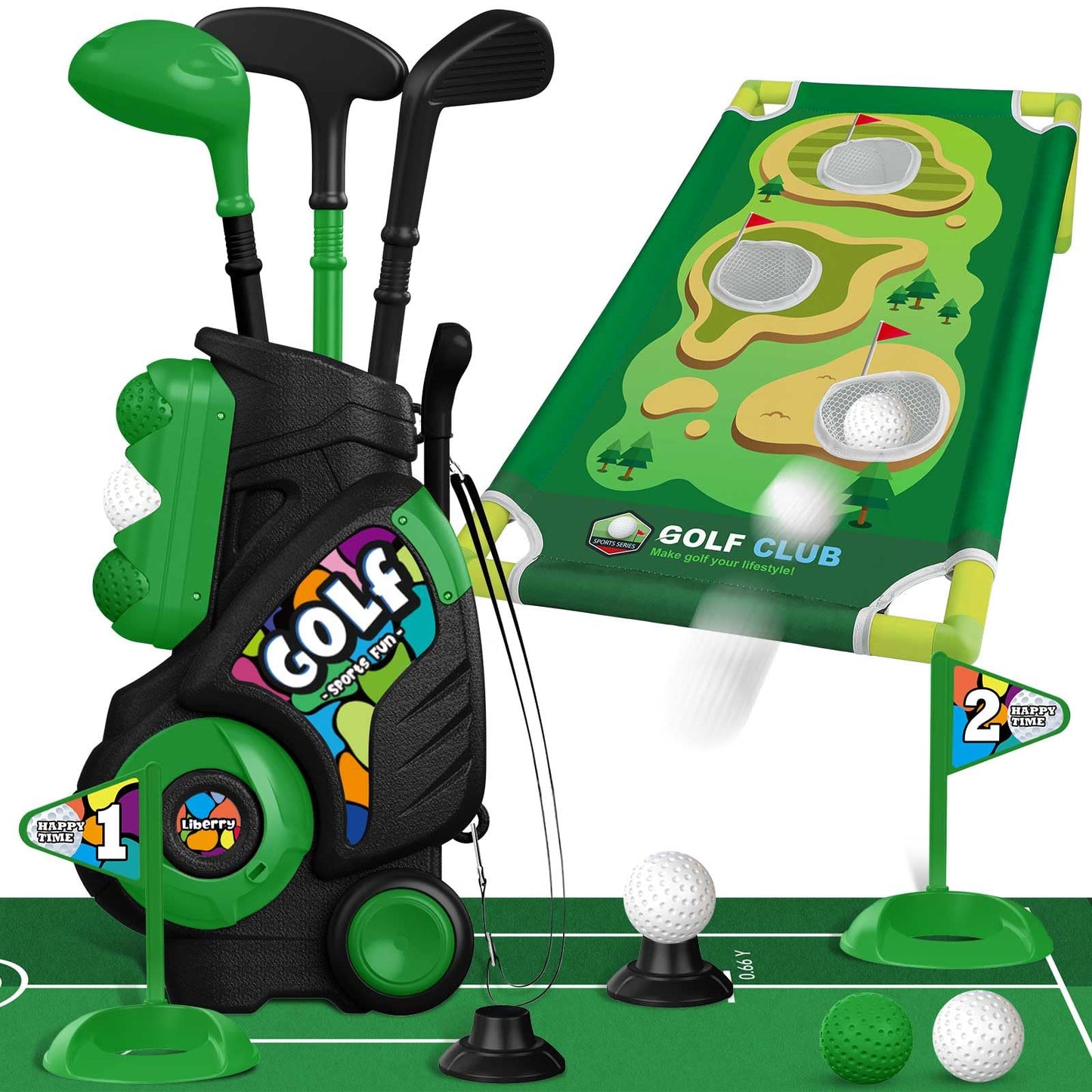 Liberry Toddler Golf Set (Black) for Ages 2-4 | Cart, Putting Mat & Cornhole Board