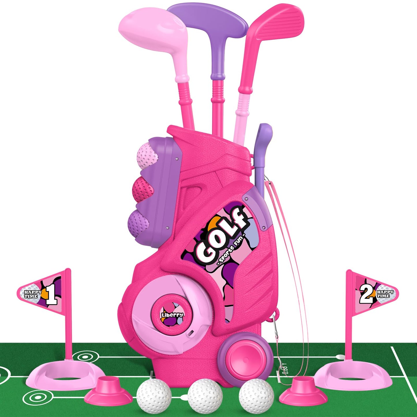Liberry Toddler Golf Set with Putting Mat – 2-4 Years, Portable Pink Cart