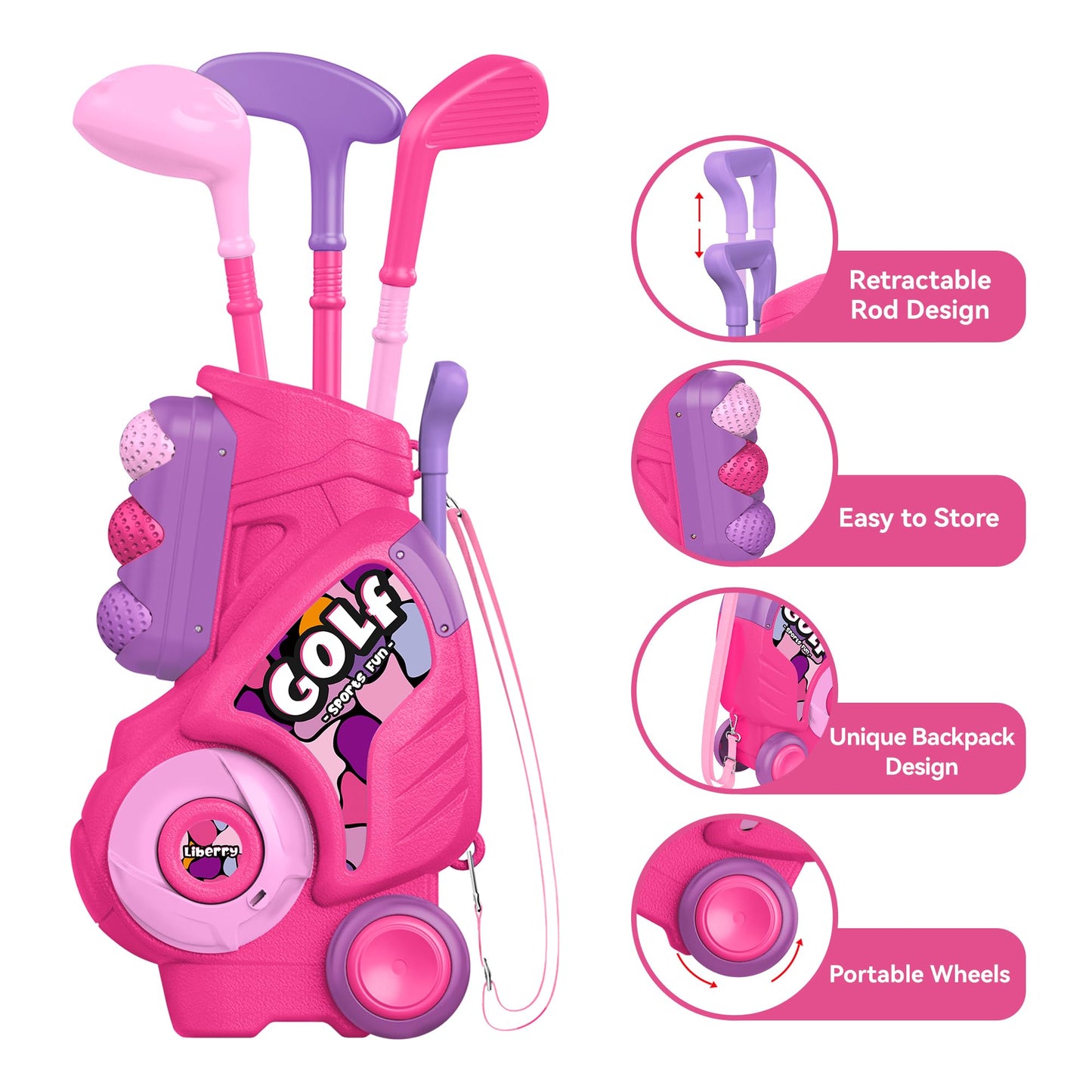 Liberry Toddler Golf Set with Putting Mat – 2-4 Years, Portable Pink Cart