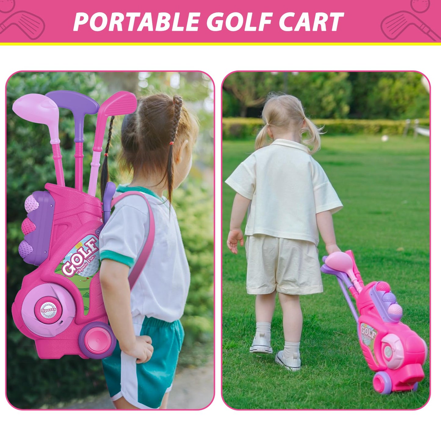 Liberry Toddler Golf Set for 2-4 Years | Indoor/Outdoor Mini Golf Cart, Mat & Clubs – Pink