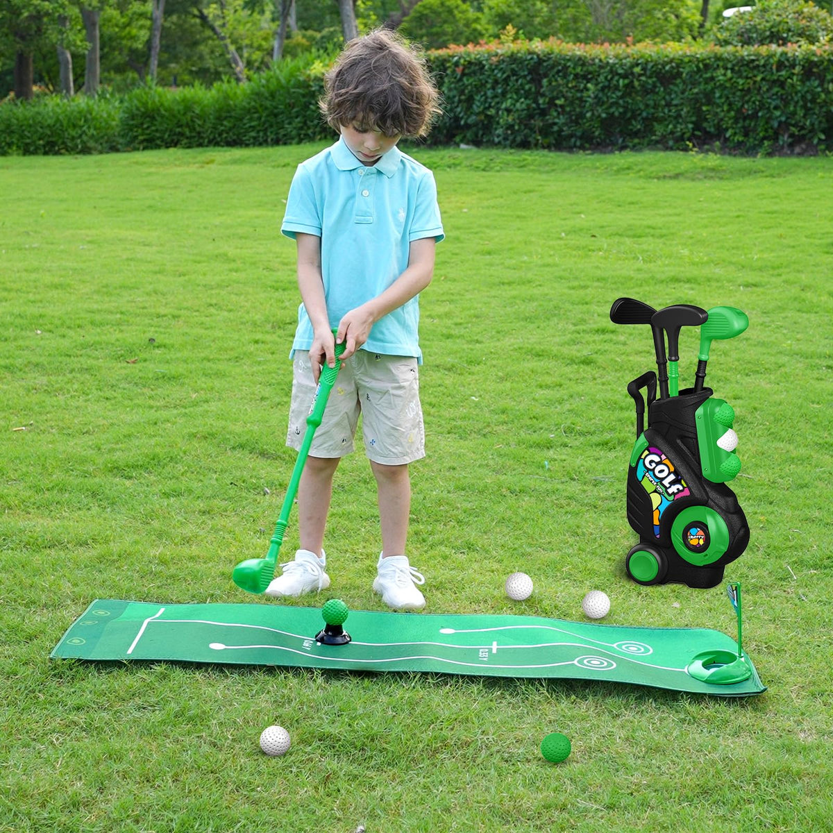 Liberry Toddler Golf Set (Black) for Ages 2-4 | Cart, Putting Mat & Cornhole Board