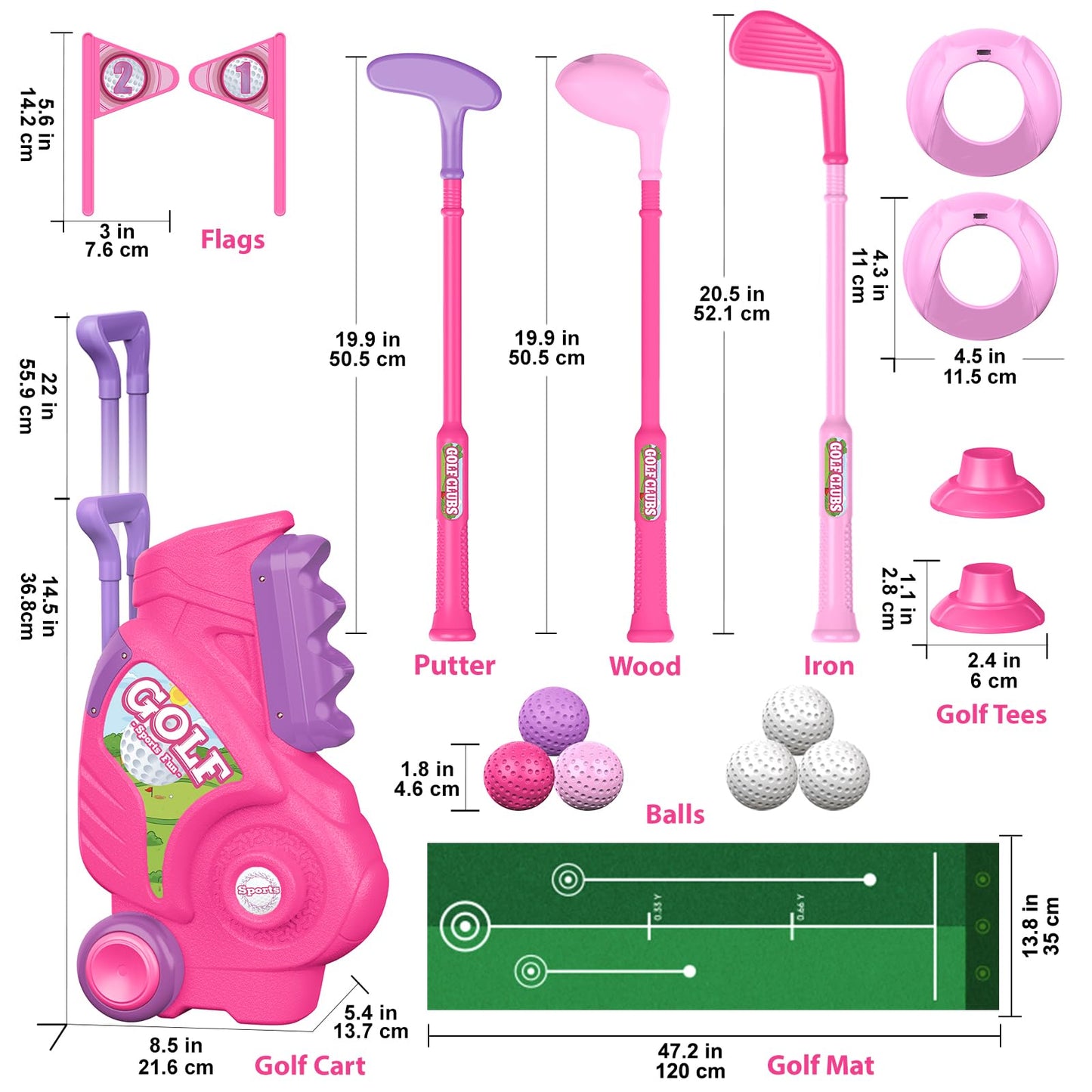 Liberry Toddler Golf Set for 2-4 Years | Indoor/Outdoor Mini Golf Cart, Mat & Clubs – Pink