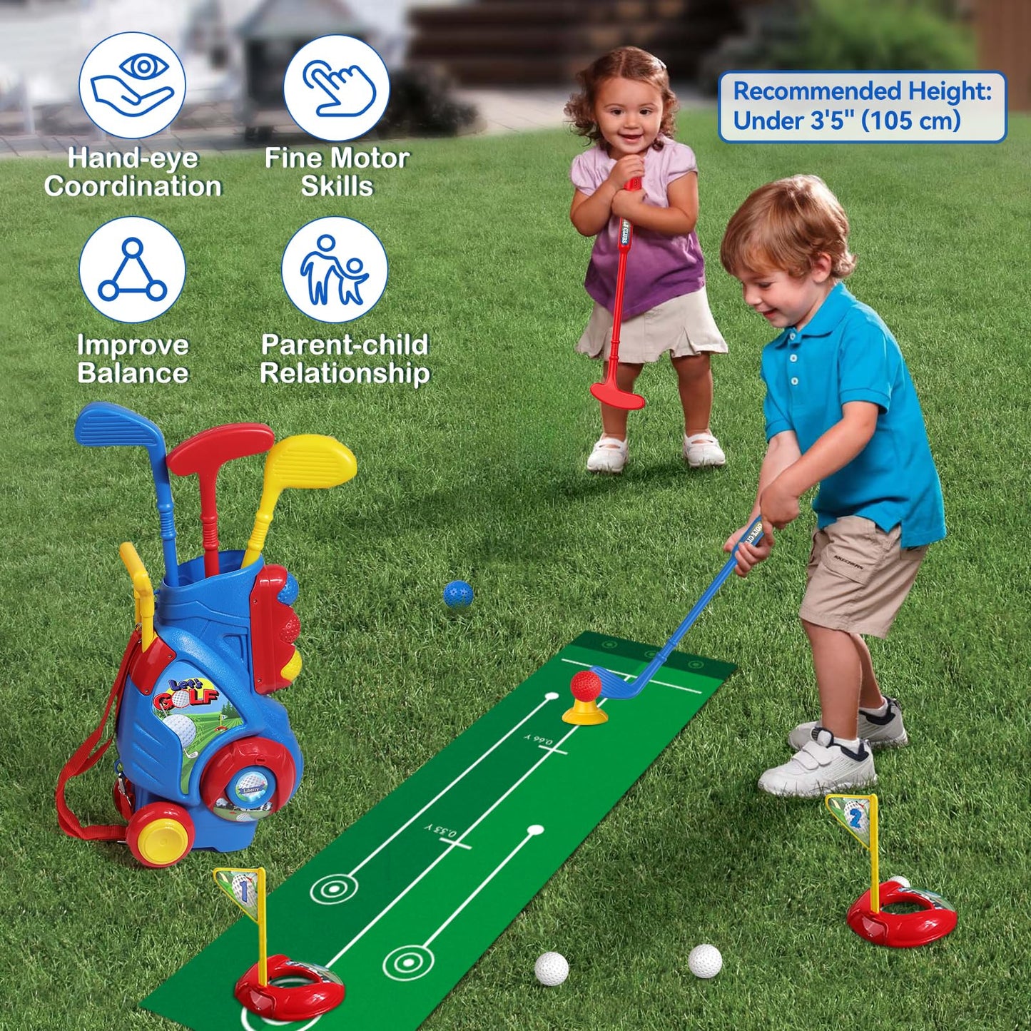 Liberry Toddler Golf Set for 2–4 Years Old – Cart, Putting Mat, Indoor/Outdoor Toy (Blue)