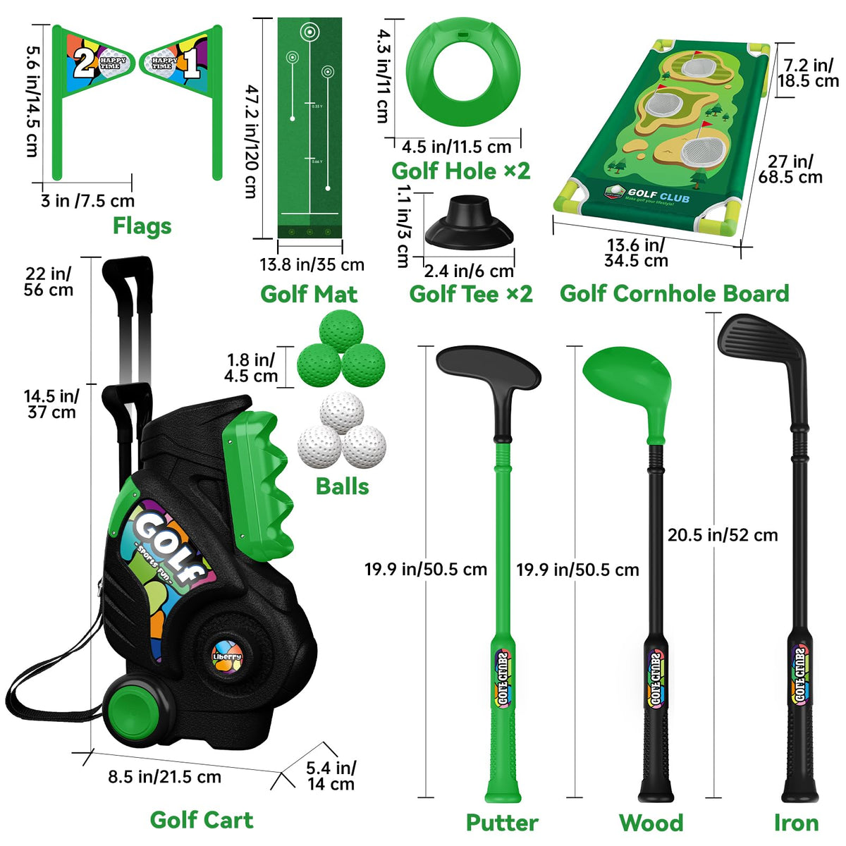 Liberry Toddler Golf Set (Black) for Ages 2-4 | Cart, Putting Mat & Cornhole Board