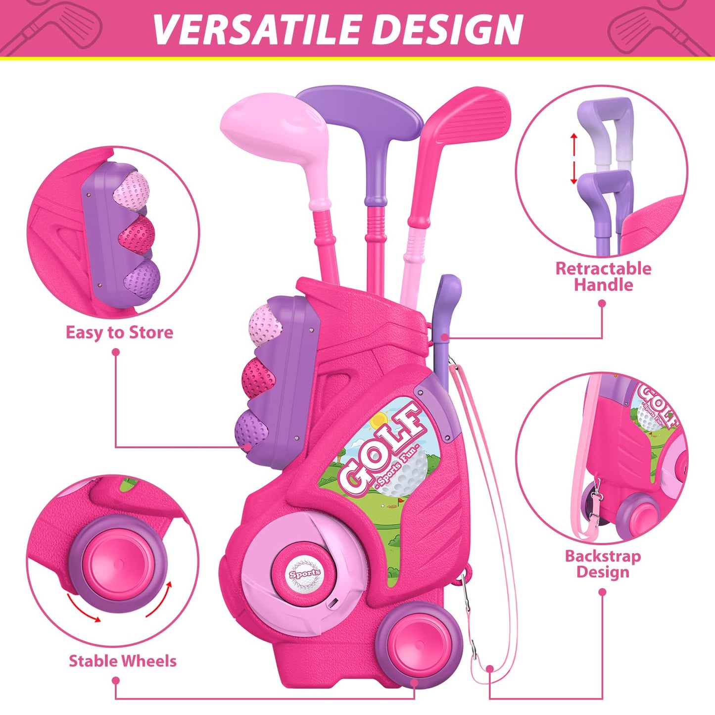 Liberry Toddler Golf Set for 2-4 Years | Indoor/Outdoor Mini Golf Cart, Mat & Clubs – Pink