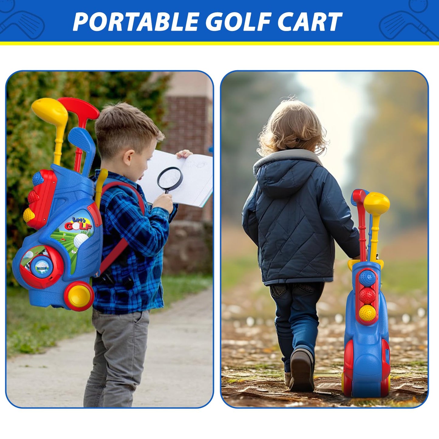 Liberry Toddler Golf Set for 2–4 Years Old – Cart, Putting Mat, Indoor/Outdoor Toy (Blue)