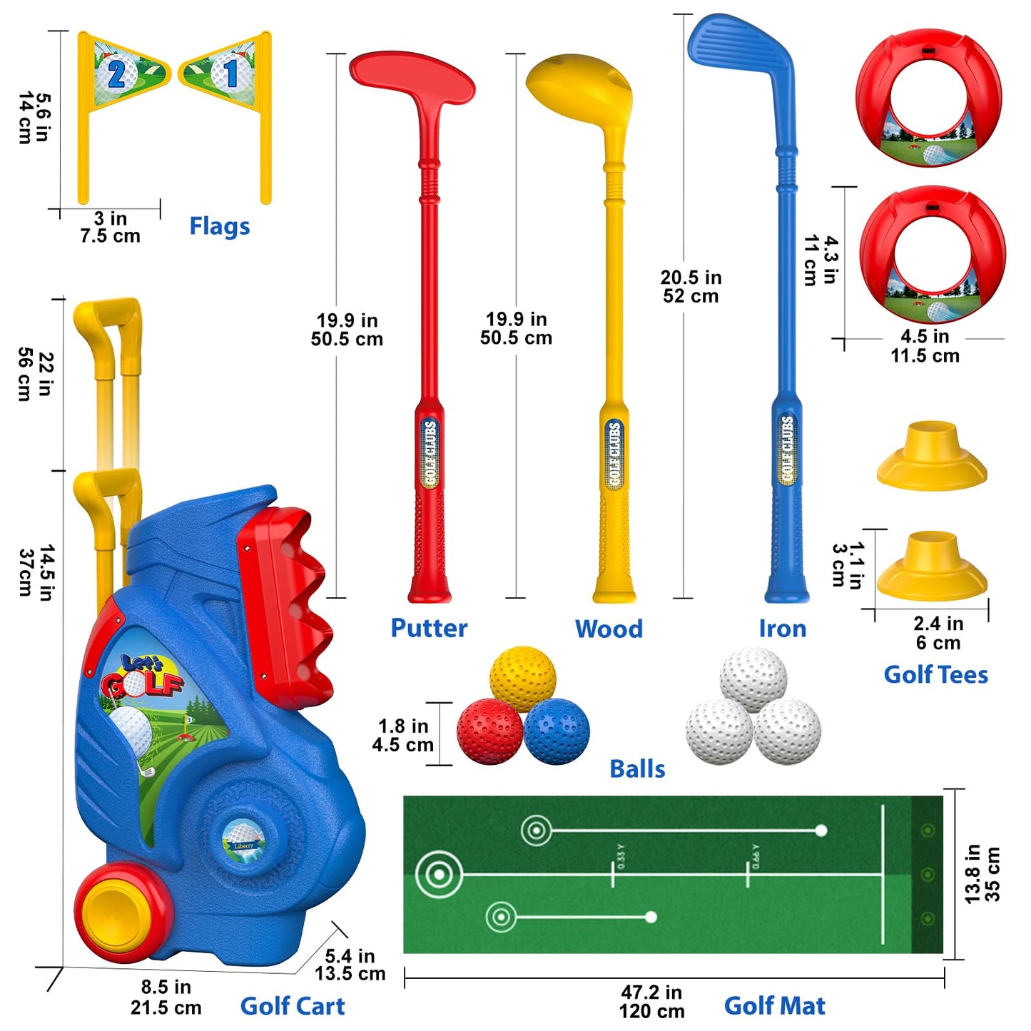 Liberry Toddler Golf Set for 2–4 Years Old – Cart, Putting Mat, Indoor/Outdoor Toy (Blue)